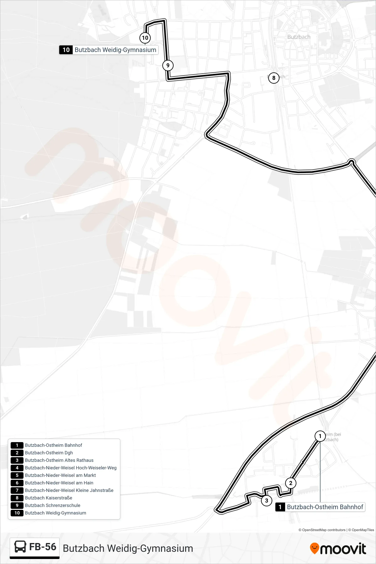 FB-56 bus Line (Butzbach Weidig-Gymnasium) route and stops on a map
