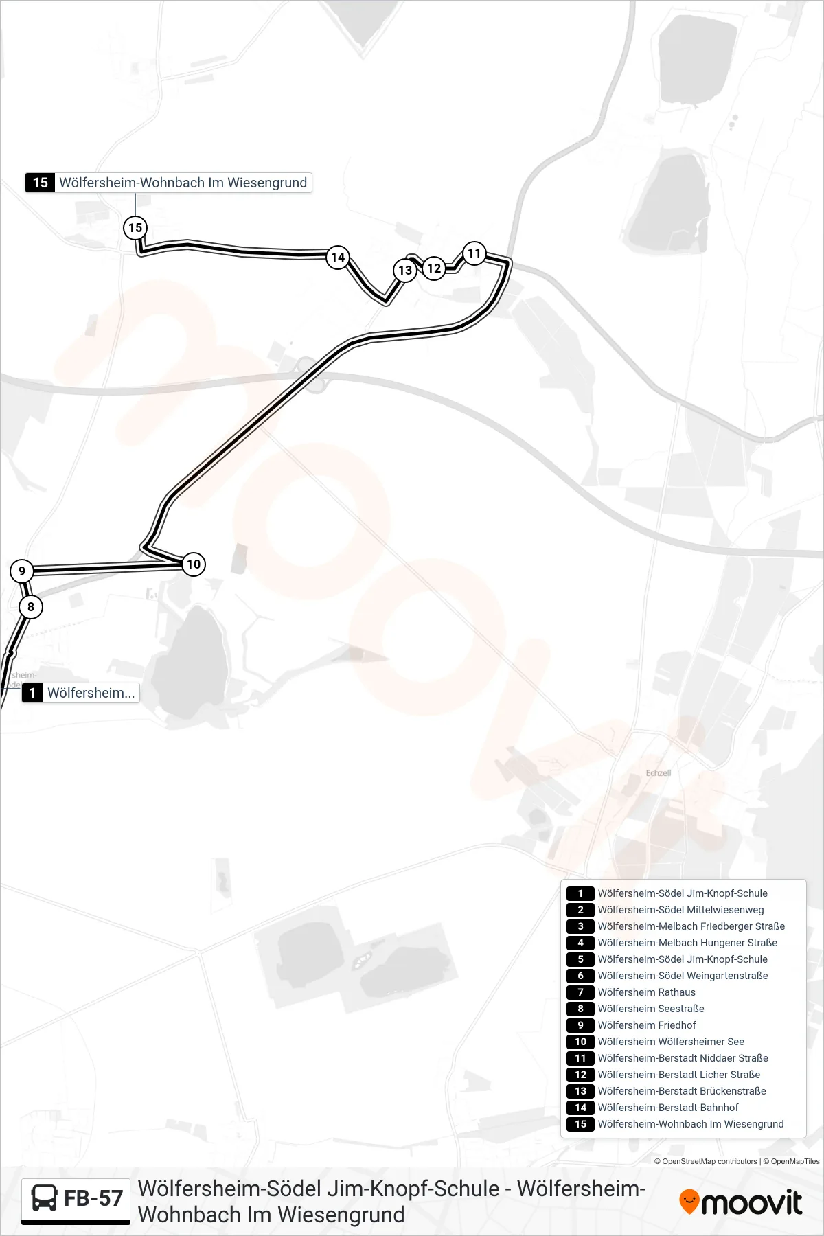 FB-57 bus Line (Wölfersheim-Wohnbach Im Wiesengrund) route and stops on a map