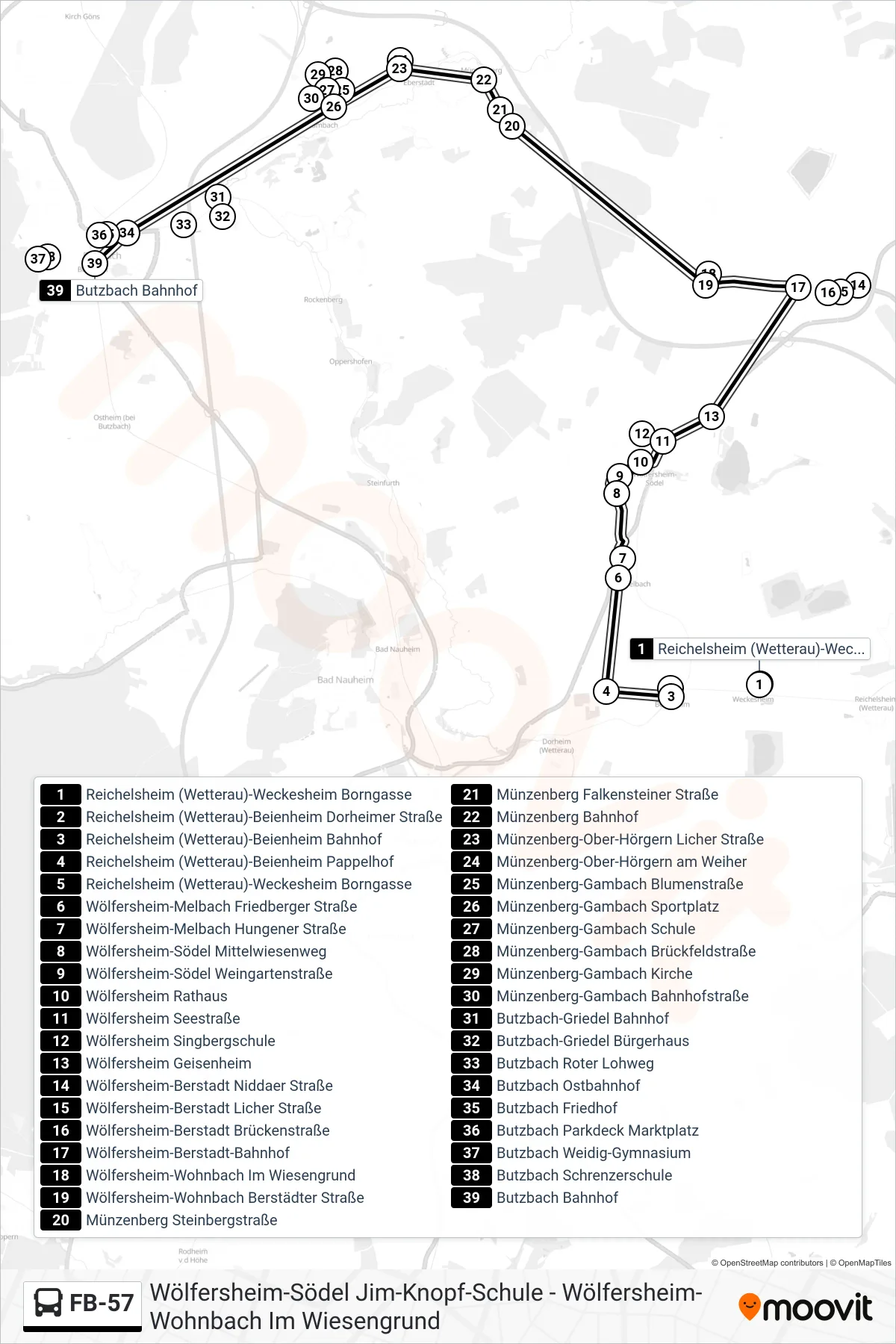 FB-57 bus Line (Butzbach Bahnhof) route and stops on a map
