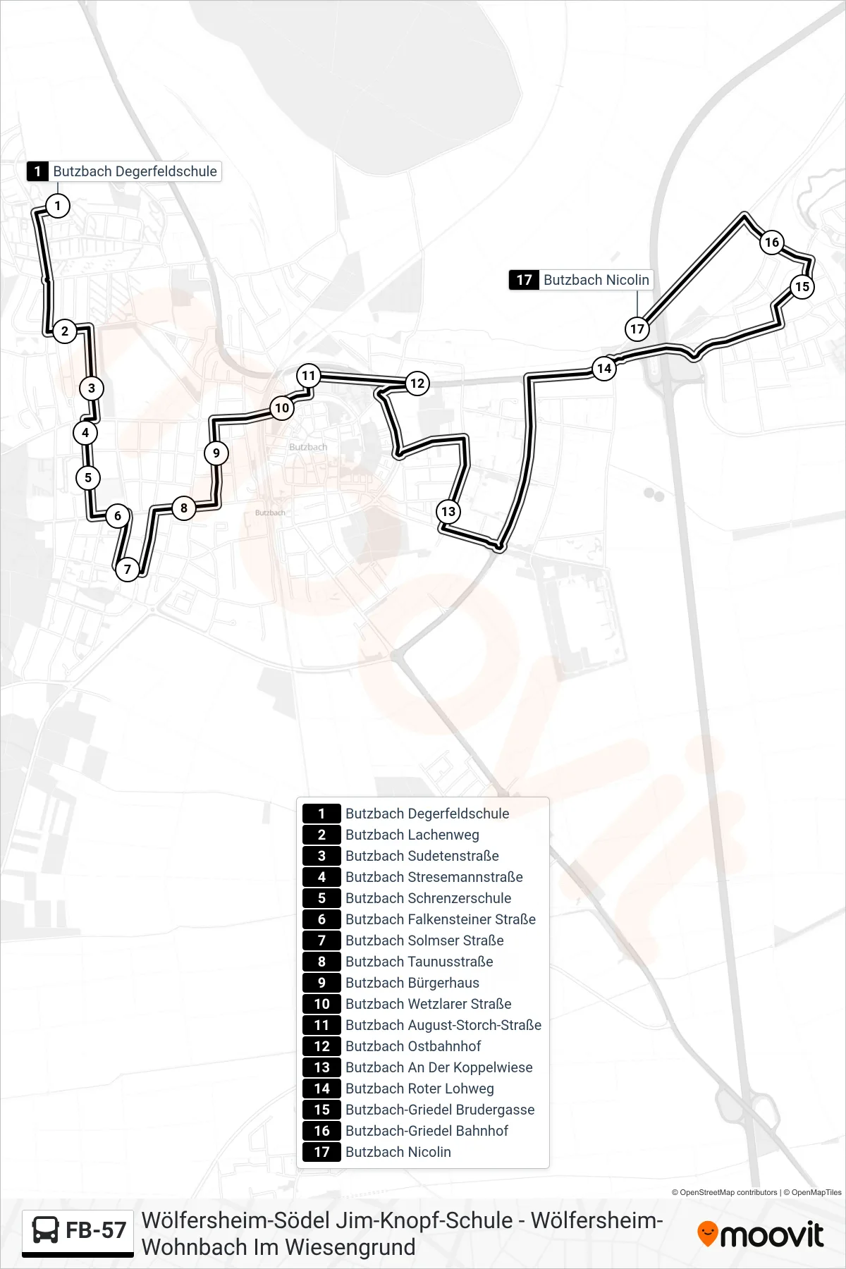 FB-57 bus Line (Butzbach Nicolin) route and stops on a map