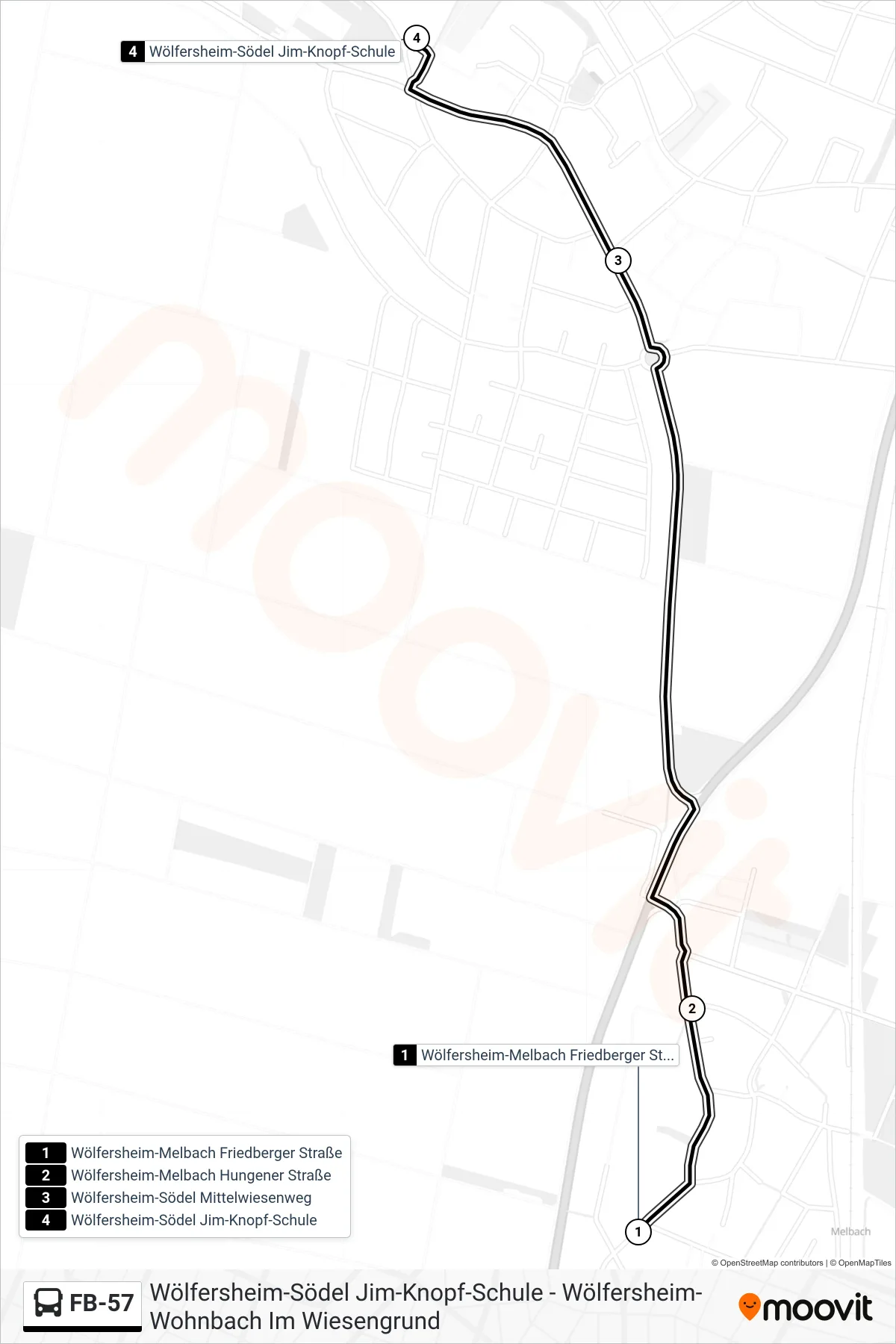 FB-57 bus Line (Wölfersheim-Södel Jim-Knopf-Schule) route and stops on a map