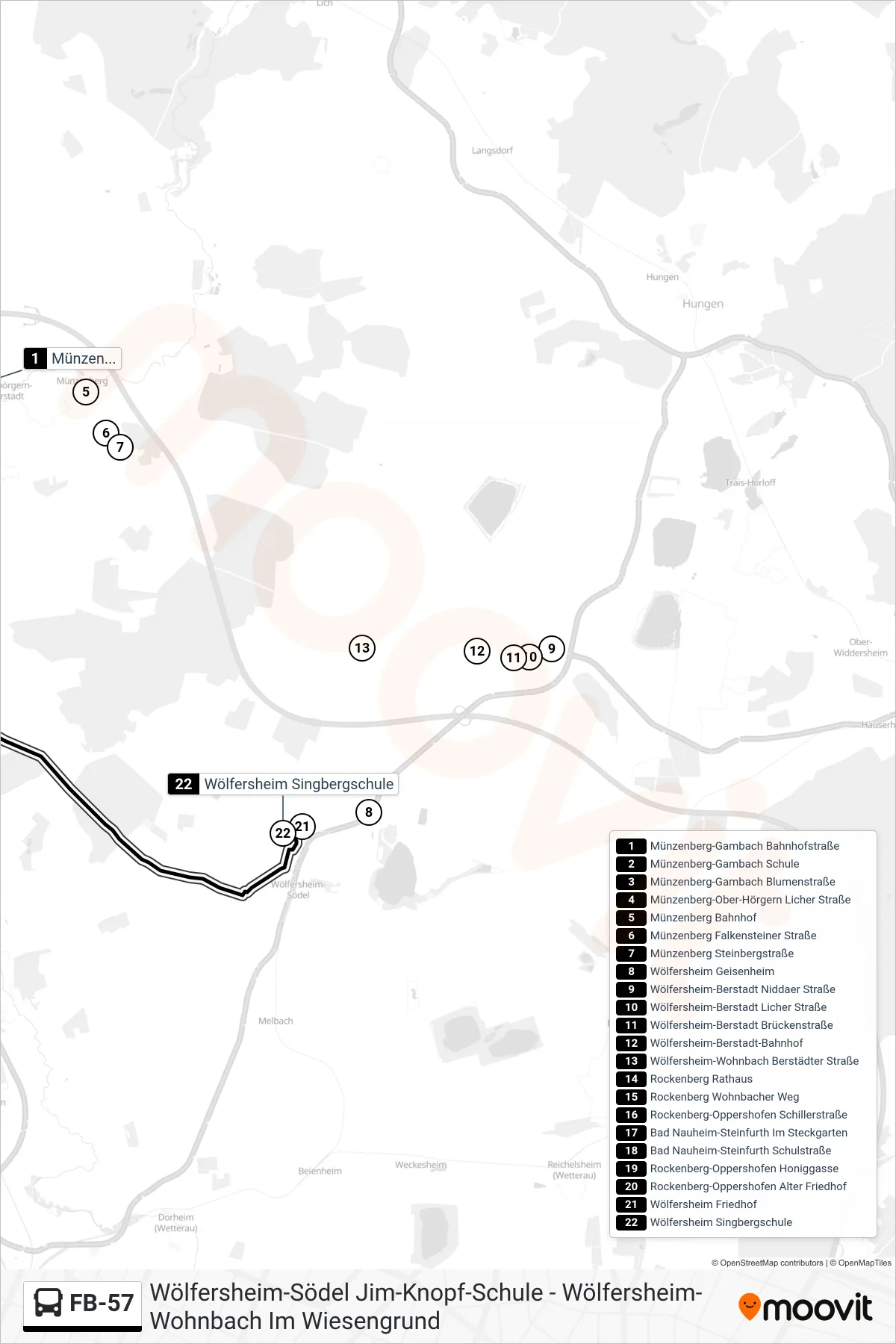 FB-57 bus Line (Wölfersheim Singbergschule) route and stops on a map