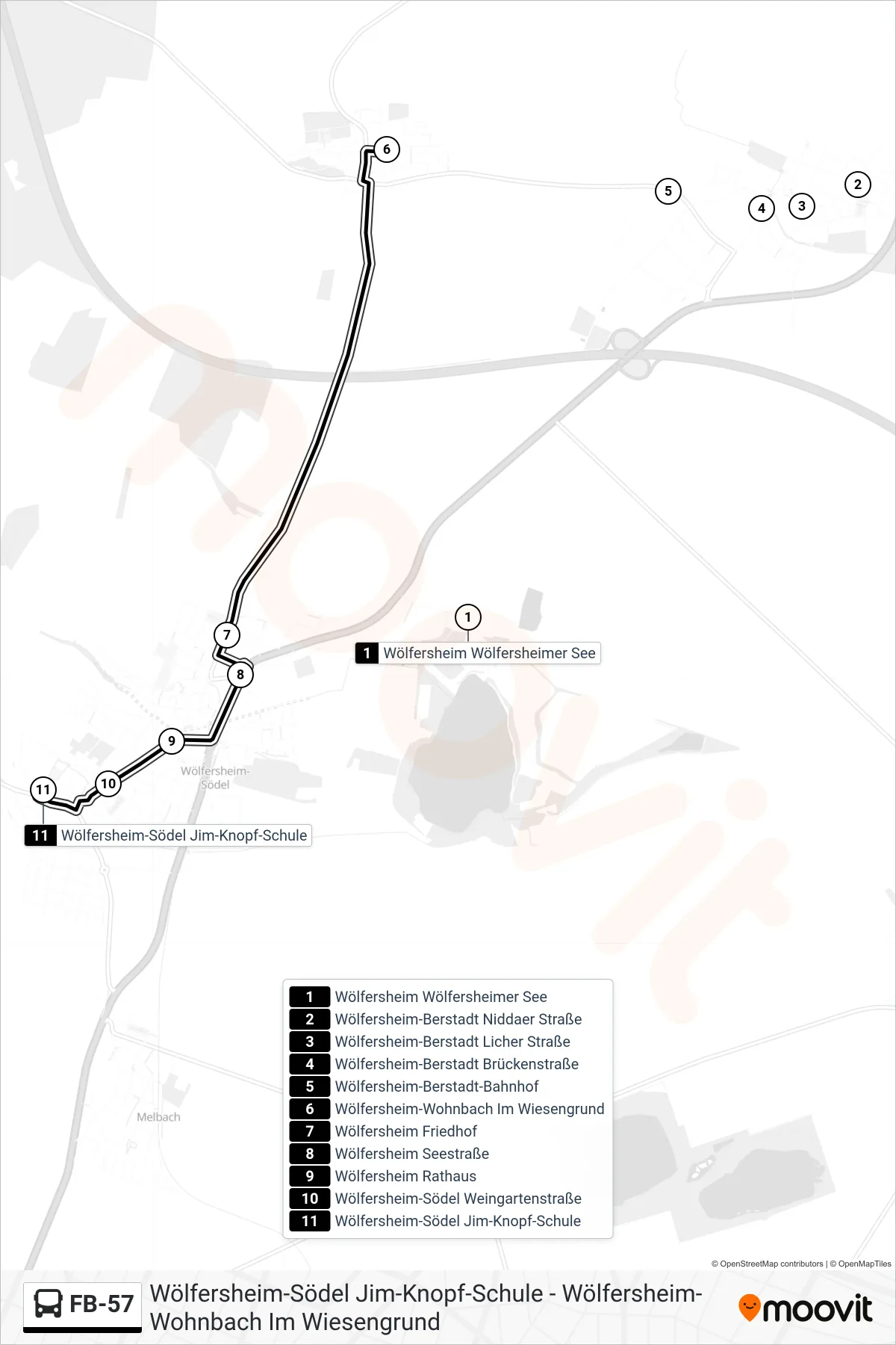 FB-57 bus Line (Wölfersheim-Södel Jim-Knopf-Schule) route and stops on a map