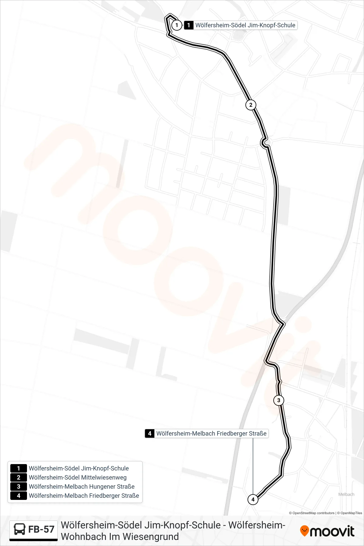 FB-57 bus Line (Wölfersheim-Melbach Friedberger Straße) route and stops on a map