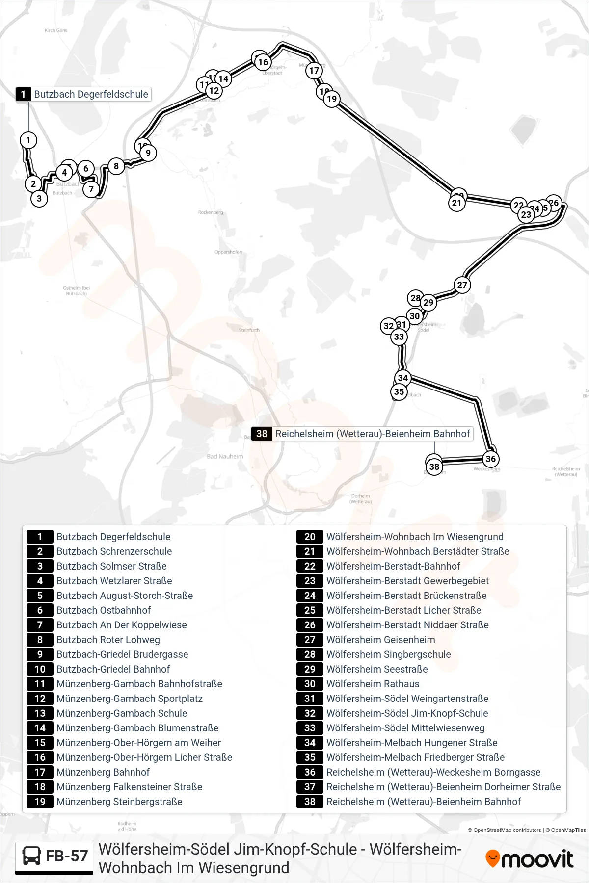 FB-57 bus Line (Reichelsheim (Wetterau)-Beienheim Bahnhof) route and stops on a map