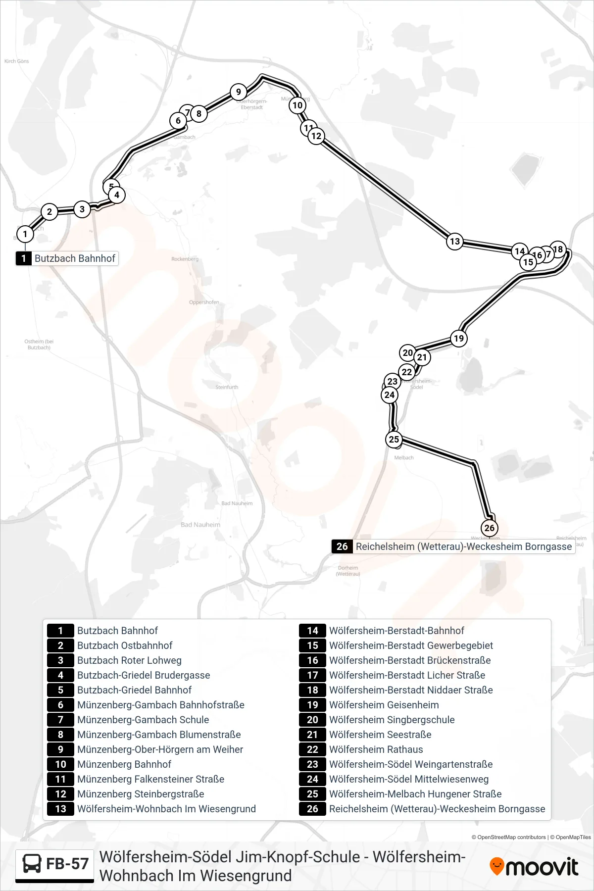 FB-57 bus Line (Reichelsheim (Wetterau)-Weckesheim Borngasse) route and stops on a map