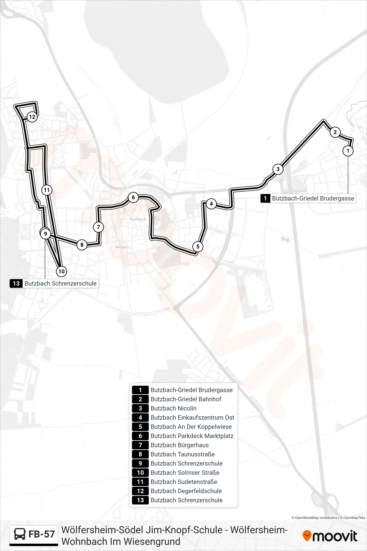 FB-57 bus Line (Butzbach Schrenzerschule) route and stops on a map