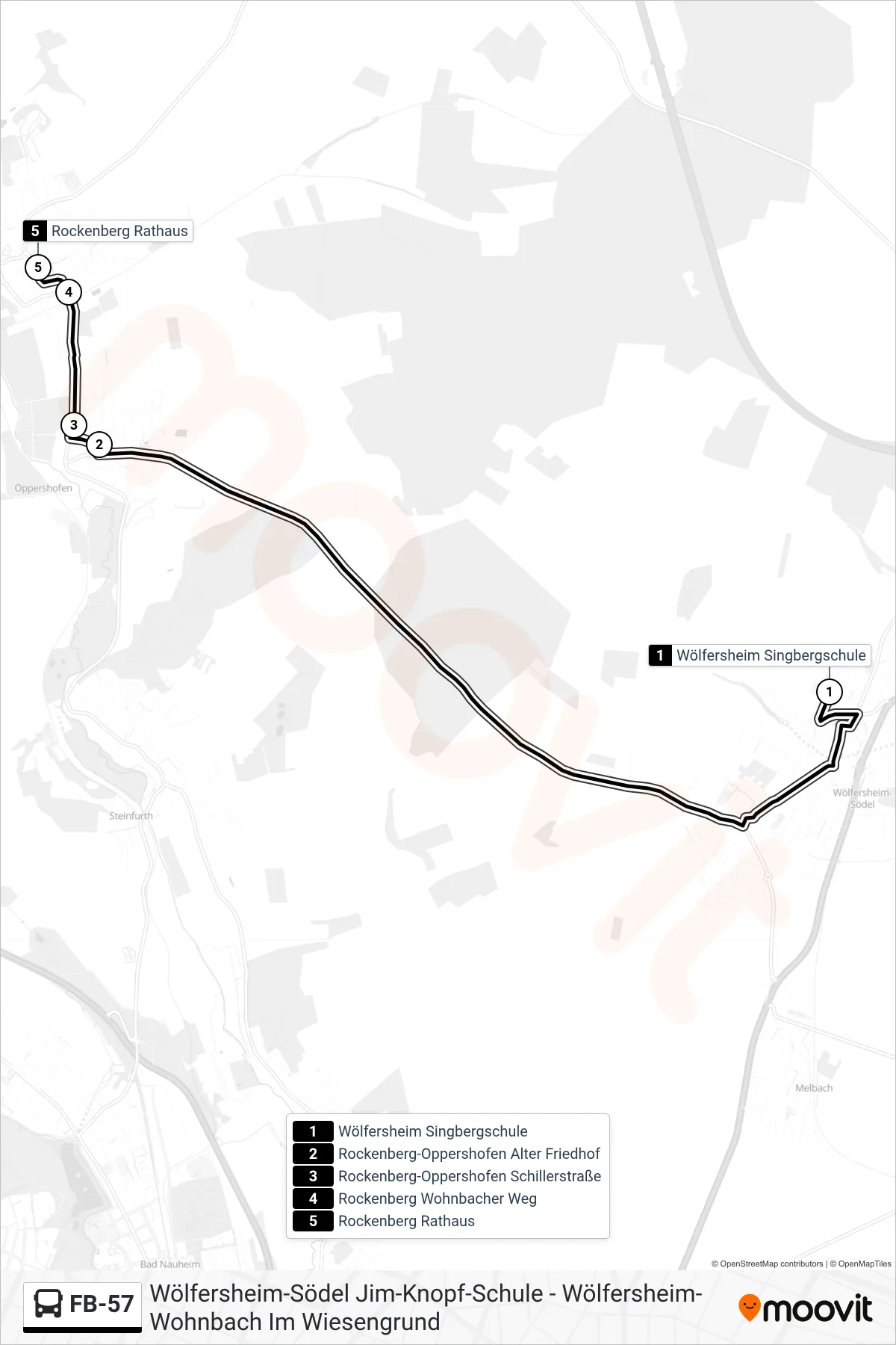 FB-57 bus Line (Rockenberg Rathaus) route and stops on a map
