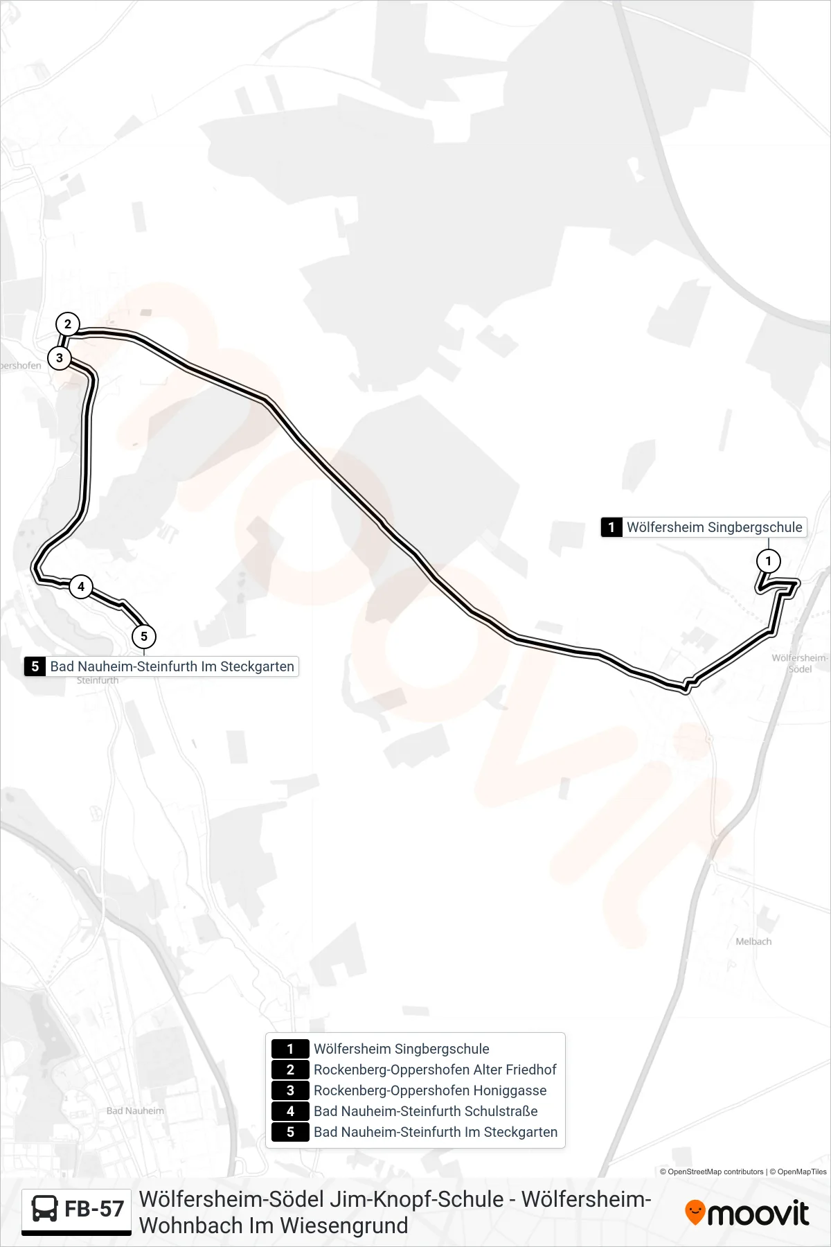 FB-57 bus Line (Bad Nauheim-Steinfurth Im Steckgarten) route and stops on a map