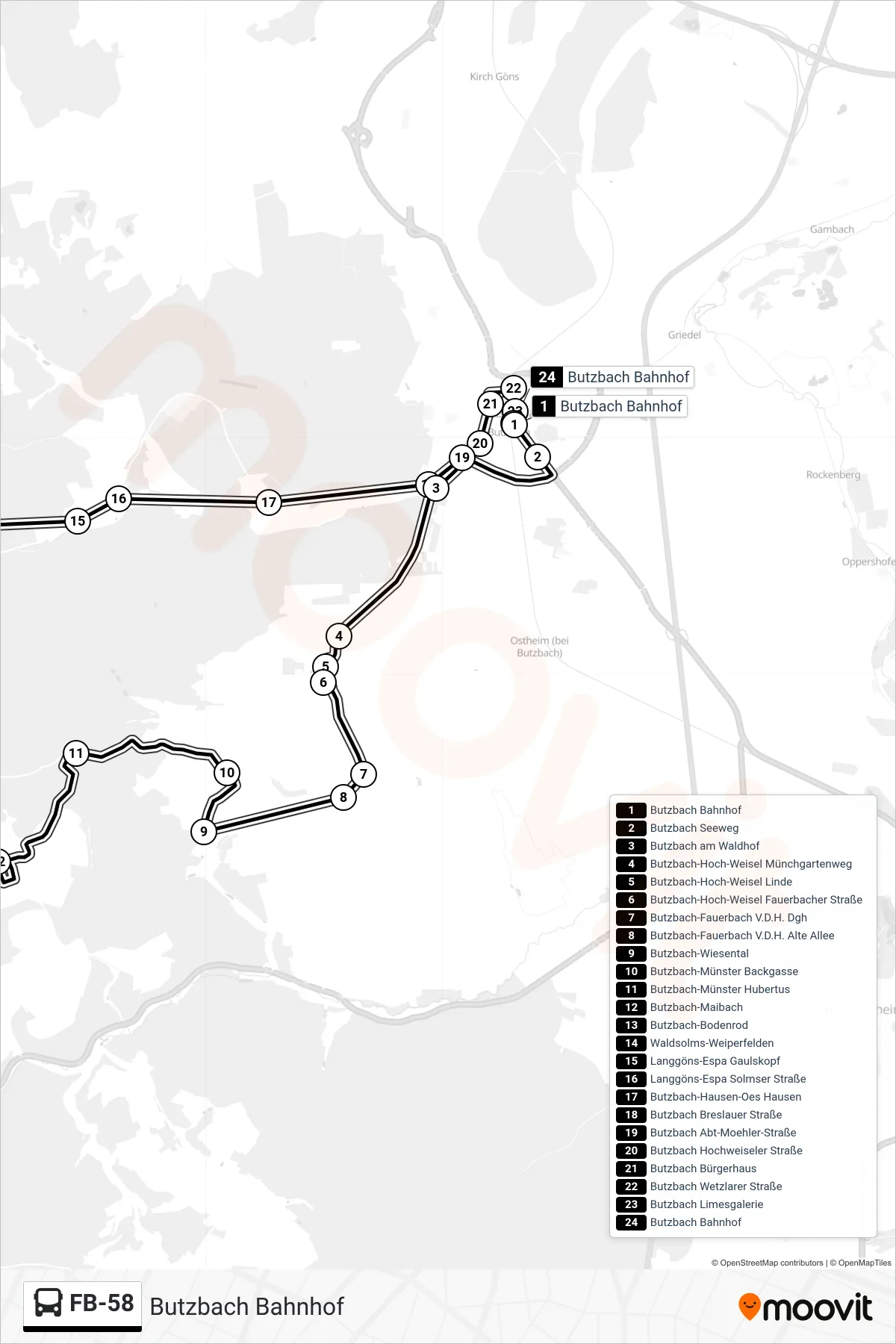 FB-58 bus Line (Butzbach Bahnhof) route and stops on a map