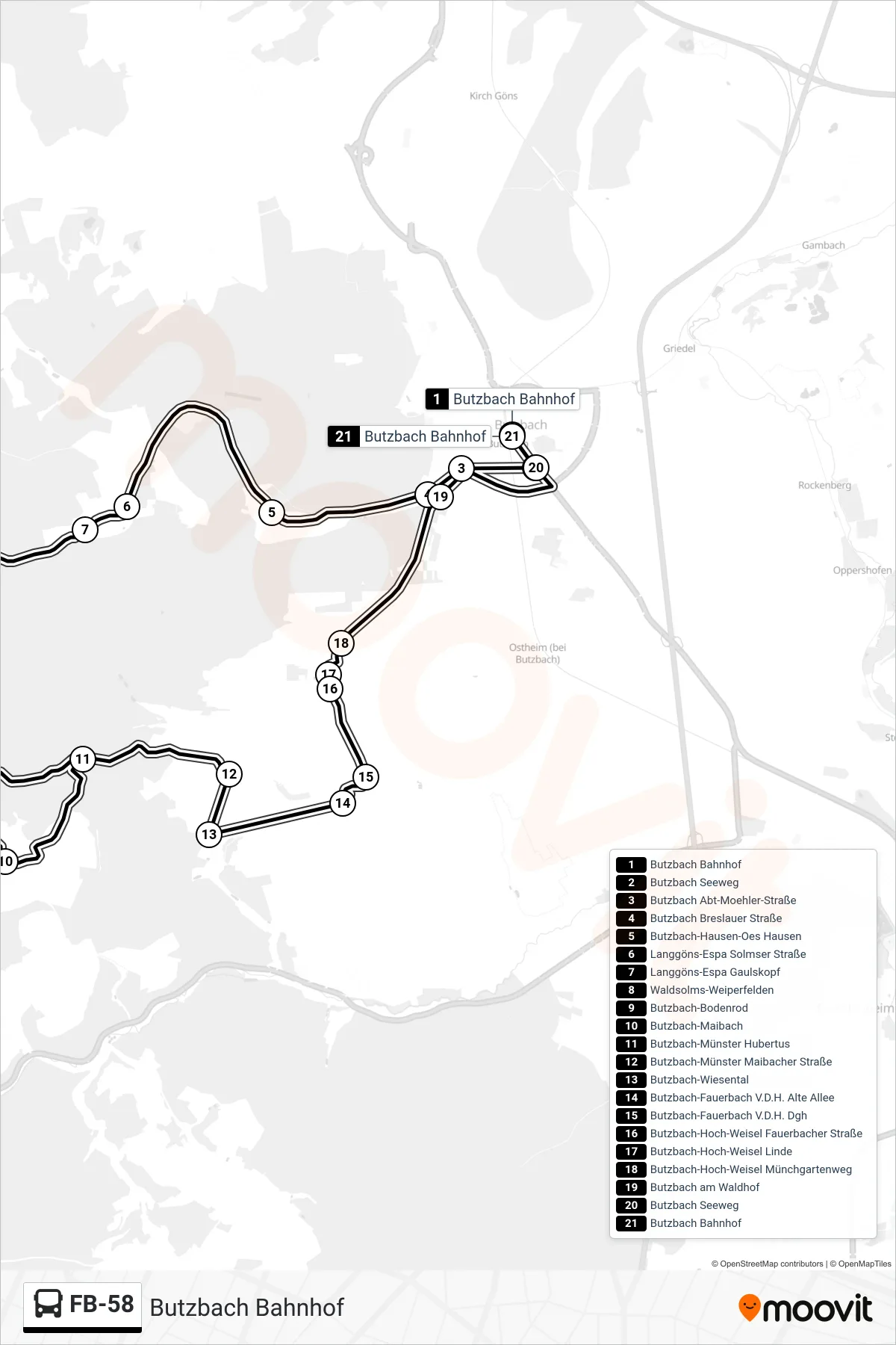 FB-58 bus Line (Butzbach Bahnhof) route and stops on a map