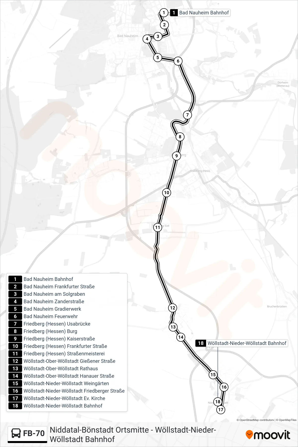 FB-70 bus Line (Wöllstadt-Nieder-Wöllstadt Bahnhof) route and stops on a map
