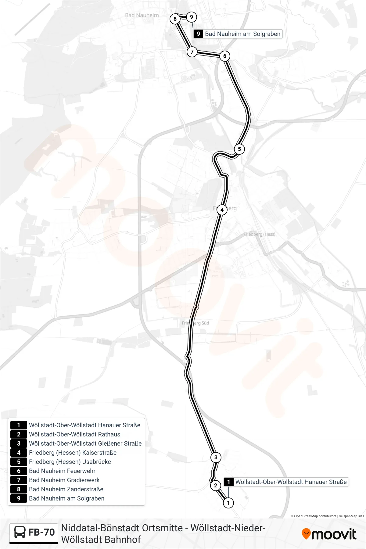 FB-70 bus Line (Bad Nauheim am Solgraben) route and stops on a map