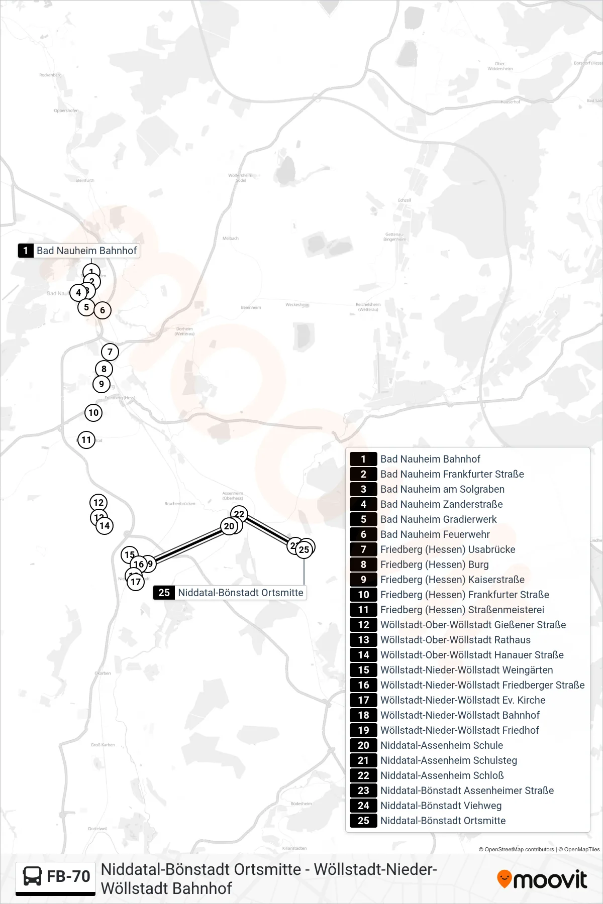 FB-70 bus Line (Niddatal-Bönstadt Ortsmitte) route and stops on a map