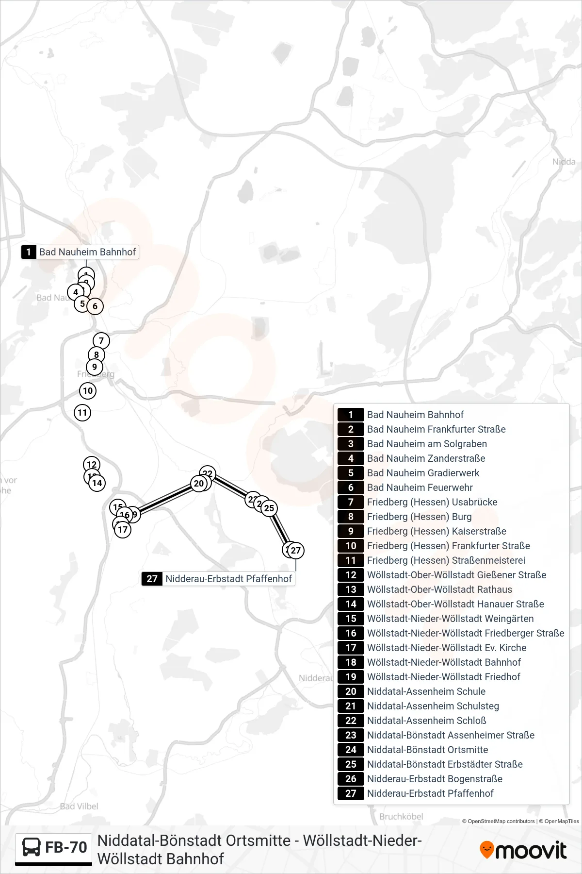 FB-70 bus Line (Nidderau-Erbstadt Pfaffenhof) route and stops on a map