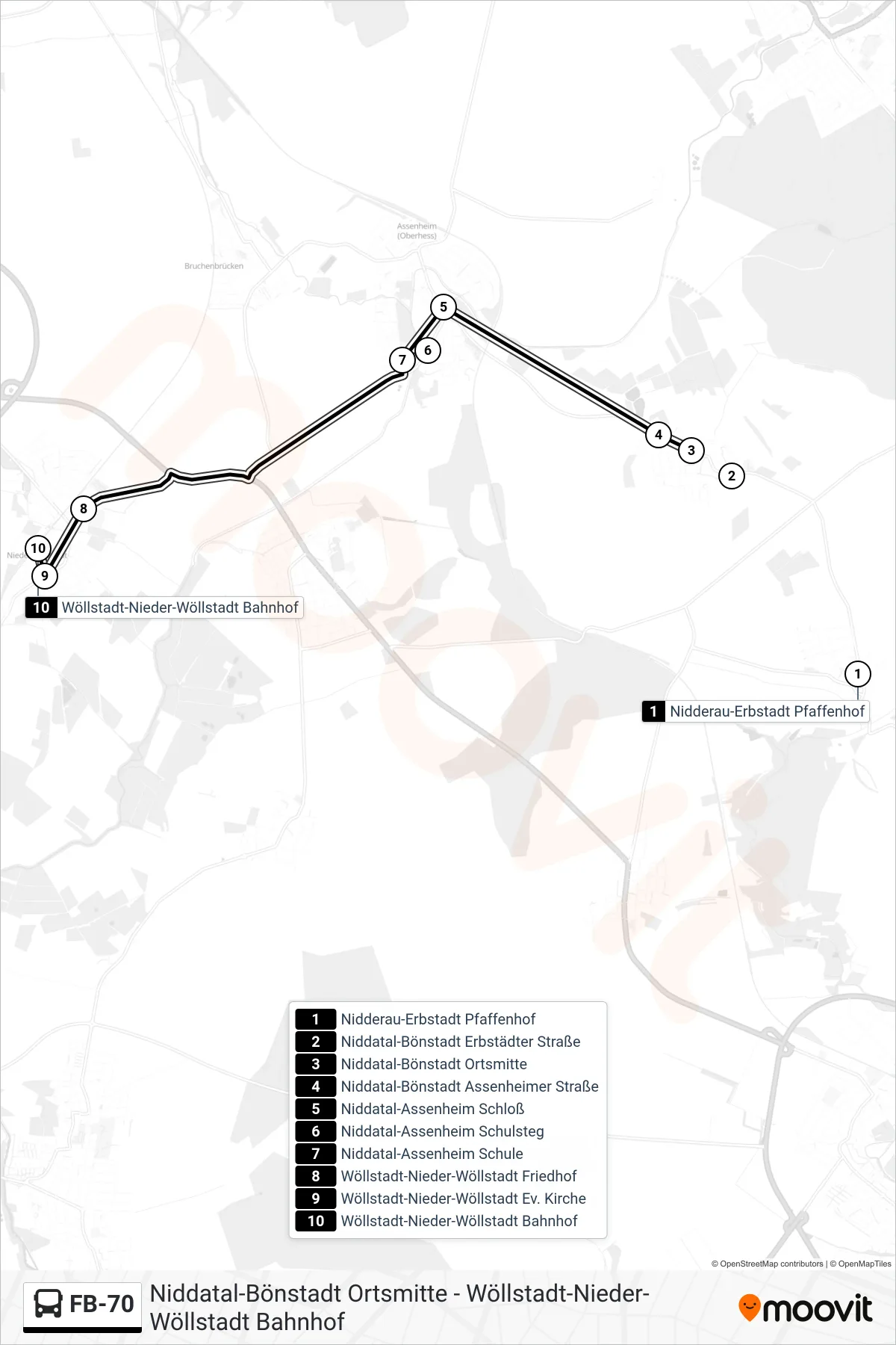 FB-70 bus Line (Wöllstadt-Nieder-Wöllstadt Bahnhof) route and stops on a map