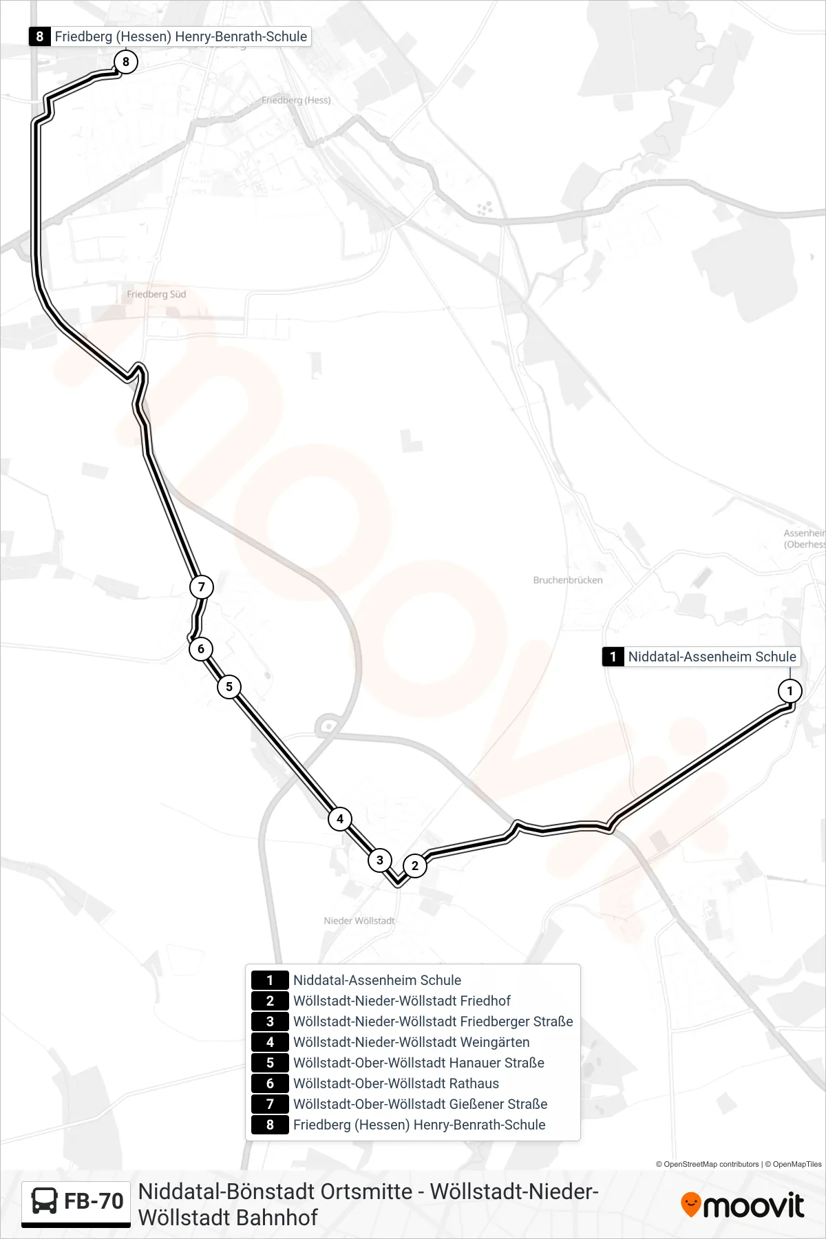 FB-70 bus Line (Friedberg (Hessen) Henry-Benrath-Schule) route and stops on a map