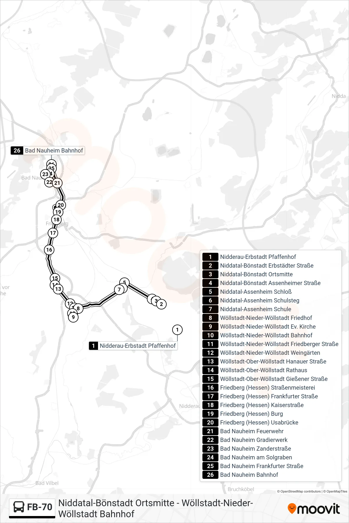 FB-70 bus Line (Bad Nauheim Bahnhof) route and stops on a map