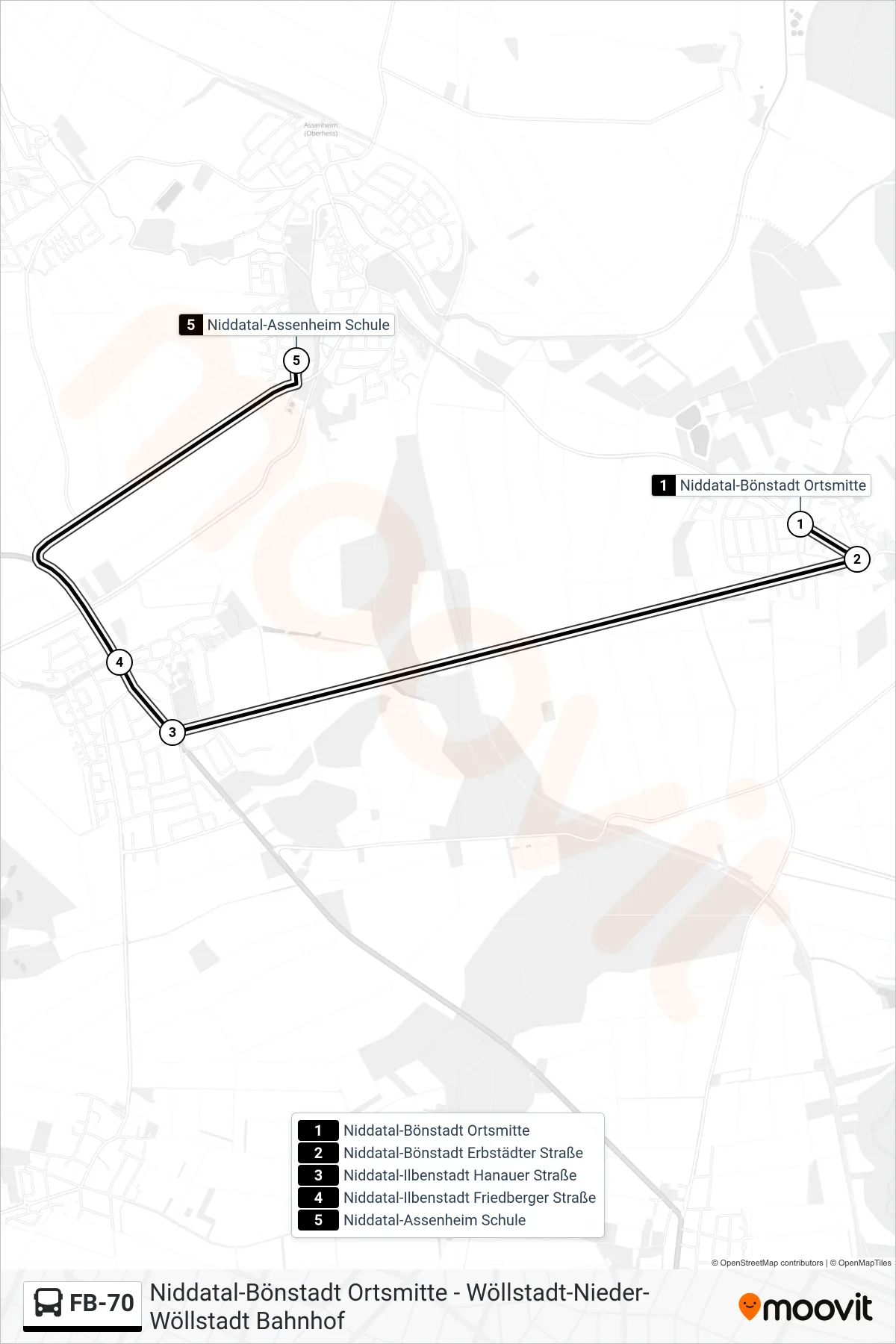 FB-70 bus Line (Niddatal-Assenheim Schule) route and stops on a map