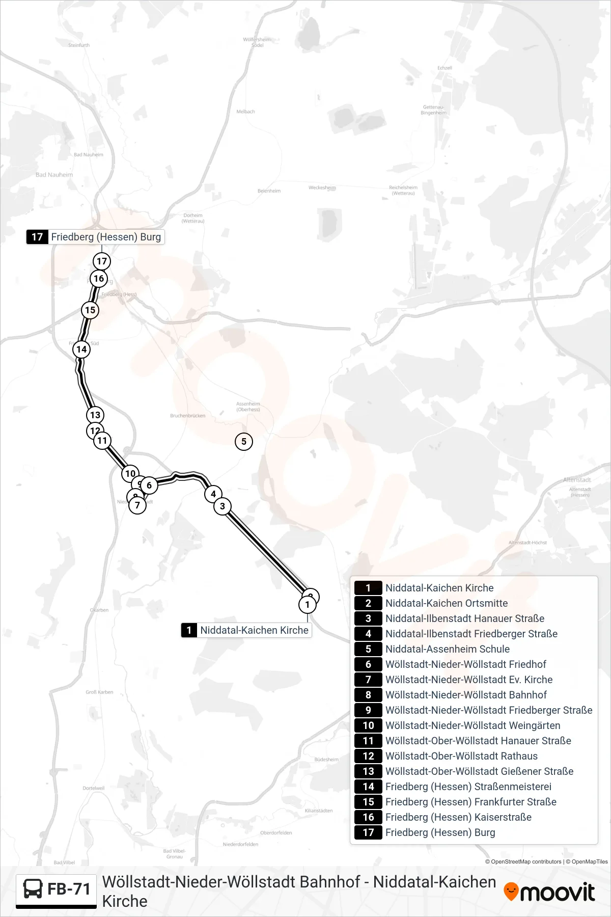 FB-71 bus Line (Friedberg (Hessen) Burg) route and stops on a map