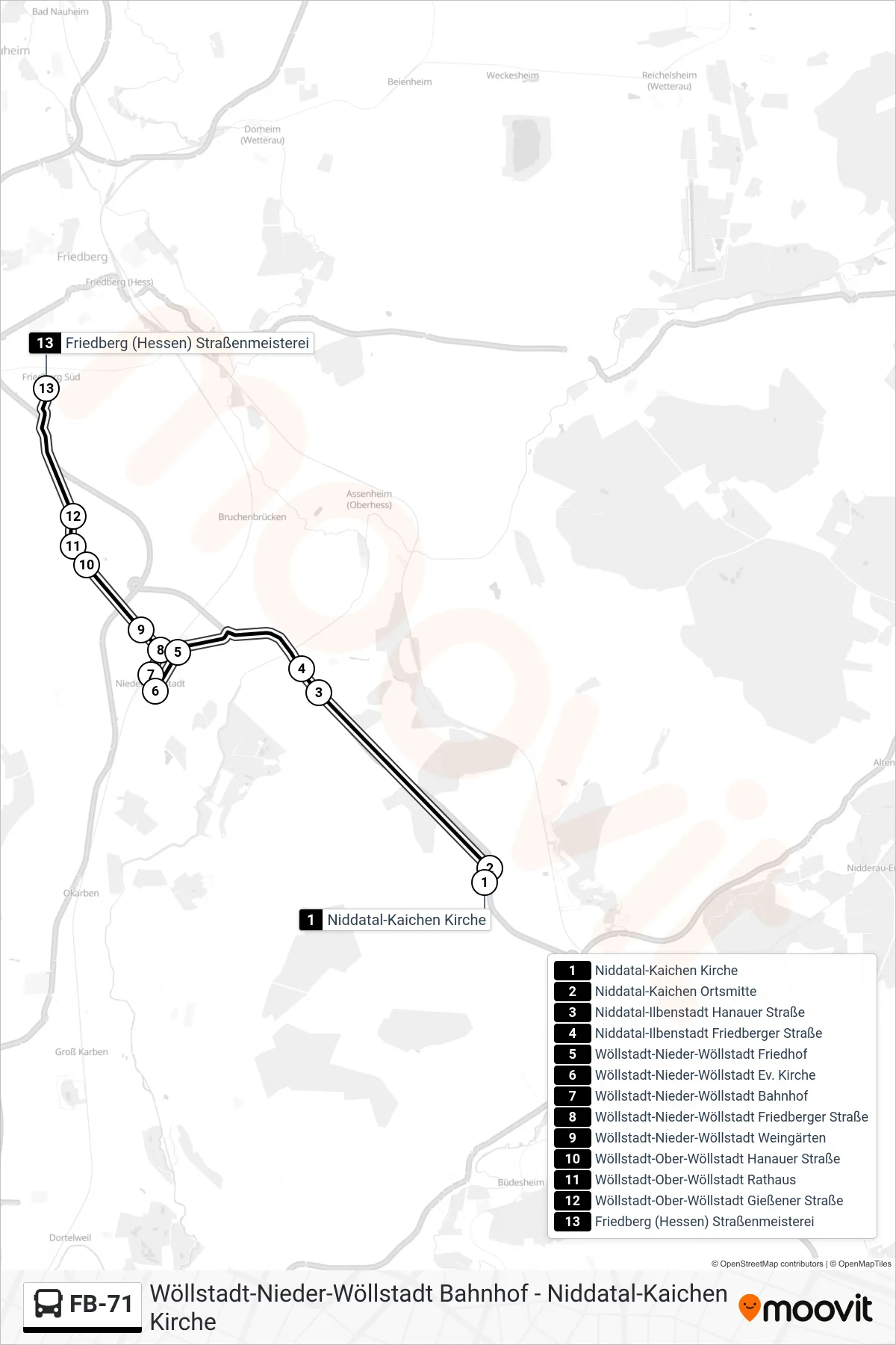 FB-71 bus Line (Friedberg (Hessen) Straßenmeisterei) route and stops on a map
