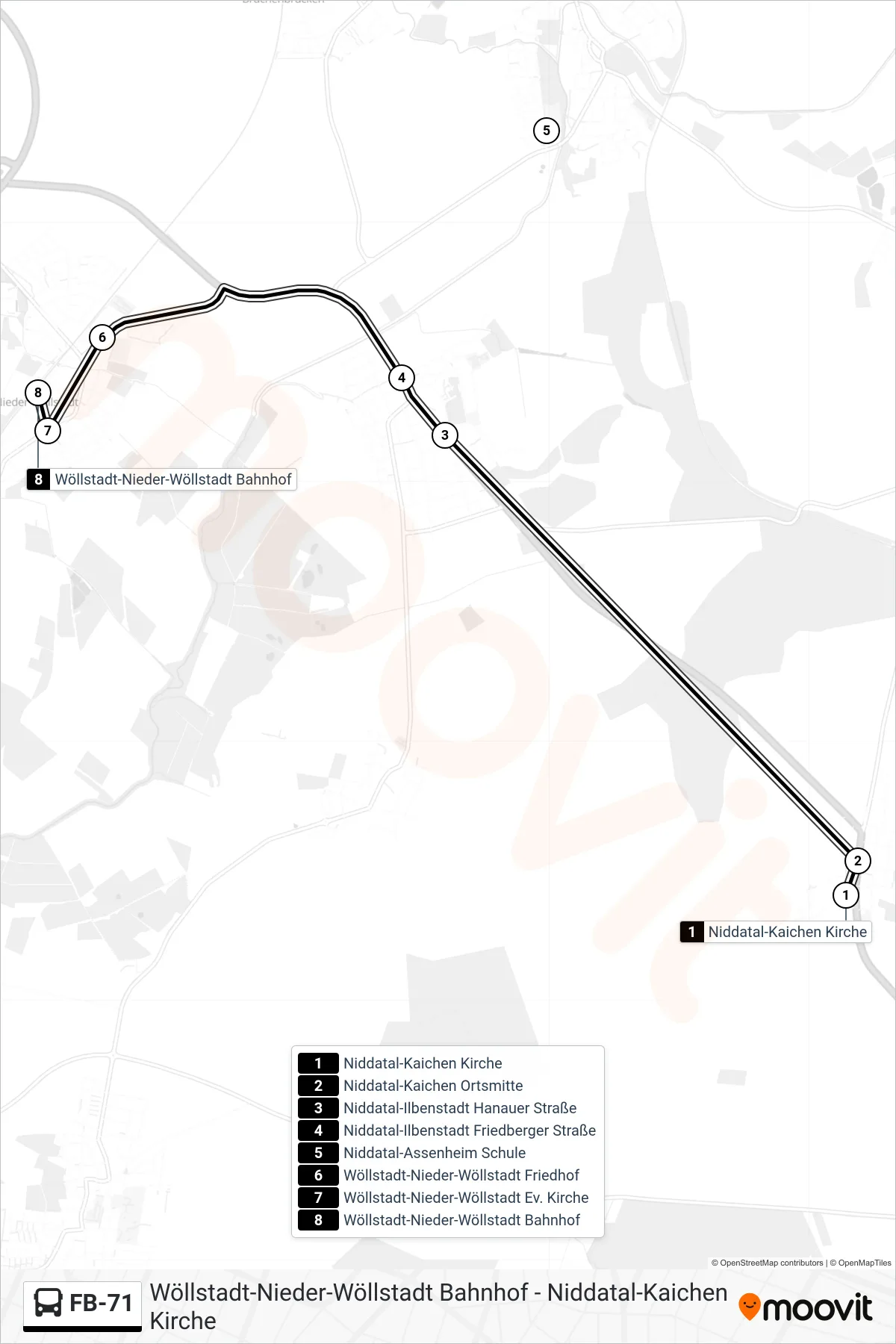 FB-71 bus Line (Wöllstadt-Nieder-Wöllstadt Bahnhof) route and stops on a map