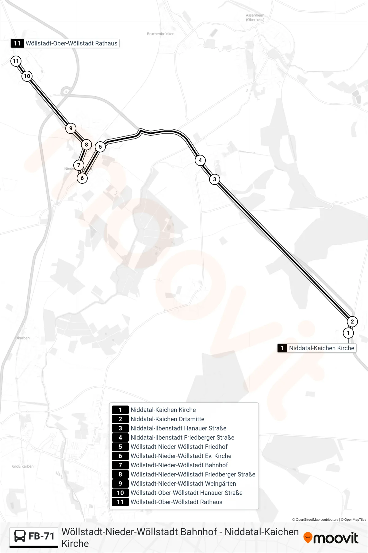 FB-71 bus Line (Wöllstadt-Ober-Wöllstadt Rathaus) route and stops on a map