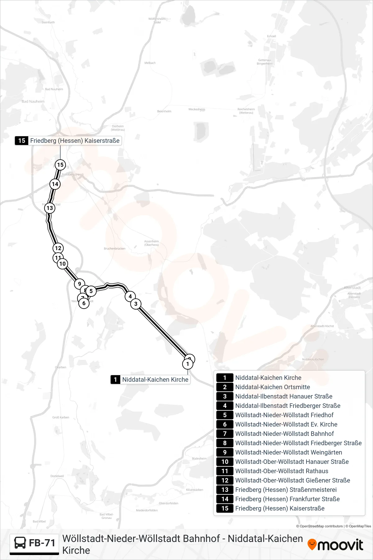 FB-71 bus Line (Friedberg (Hessen) Kaiserstraße) route and stops on a map