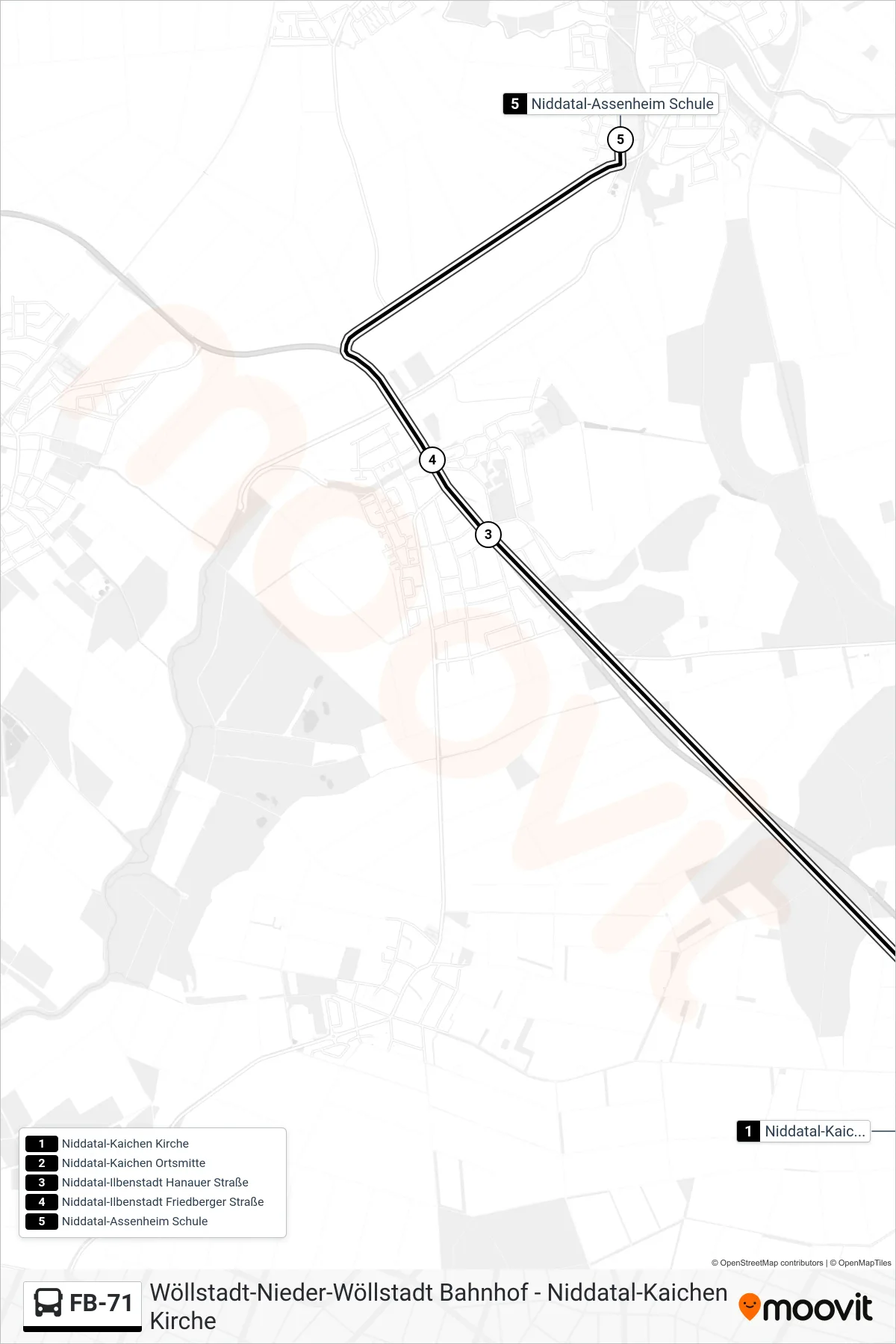 FB-71 bus Line (Niddatal-Assenheim Schule) route and stops on a map