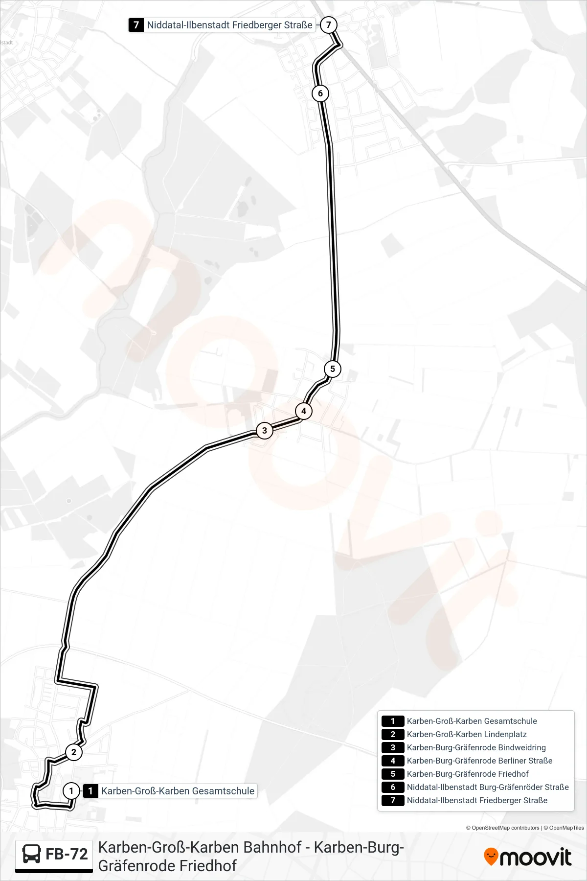 FB-72 bus Line (Niddatal-Ilbenstadt Friedberger Straße) route and stops on a map