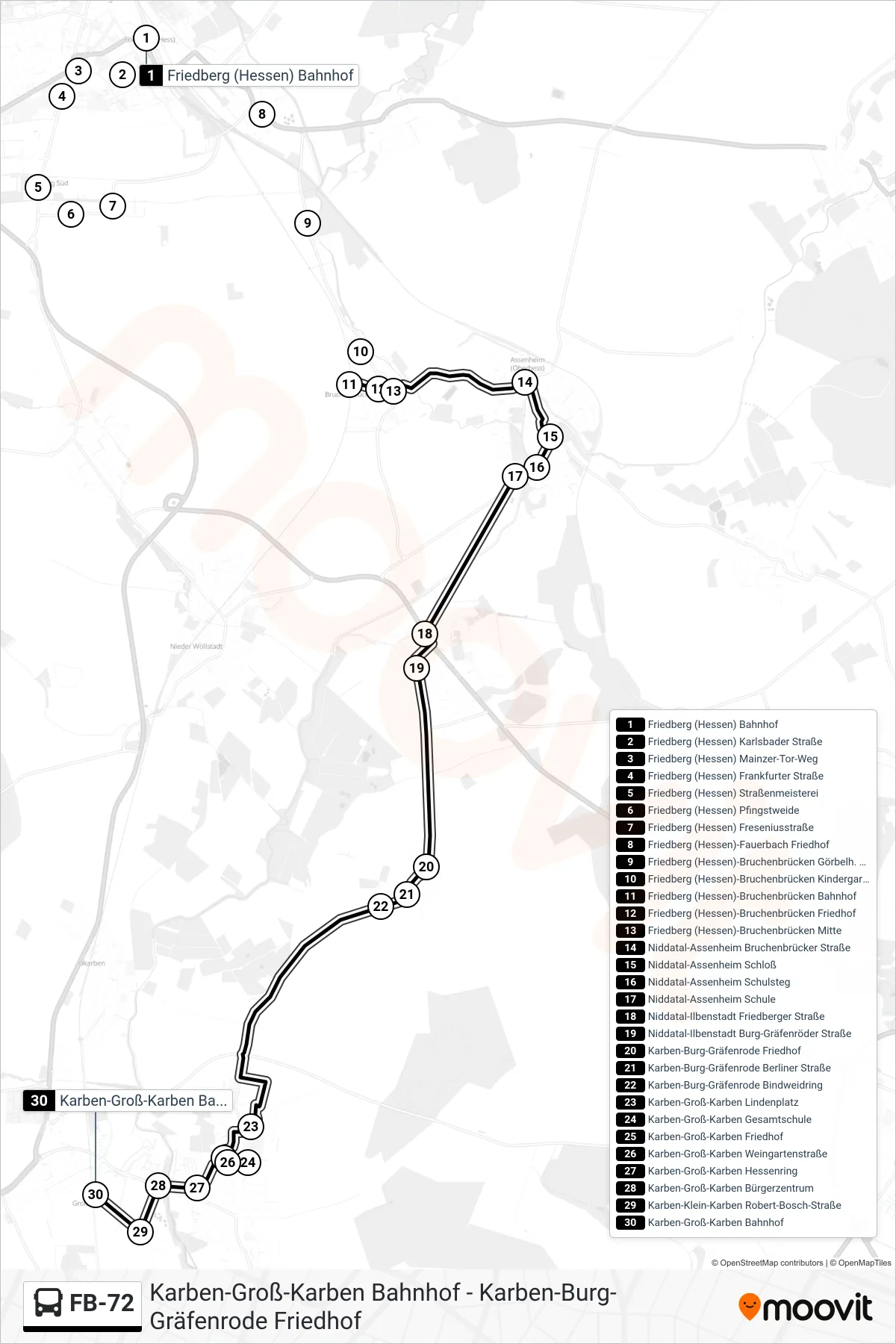 FB-72 bus Line (Karben-Groß-Karben Bahnhof) route and stops on a map