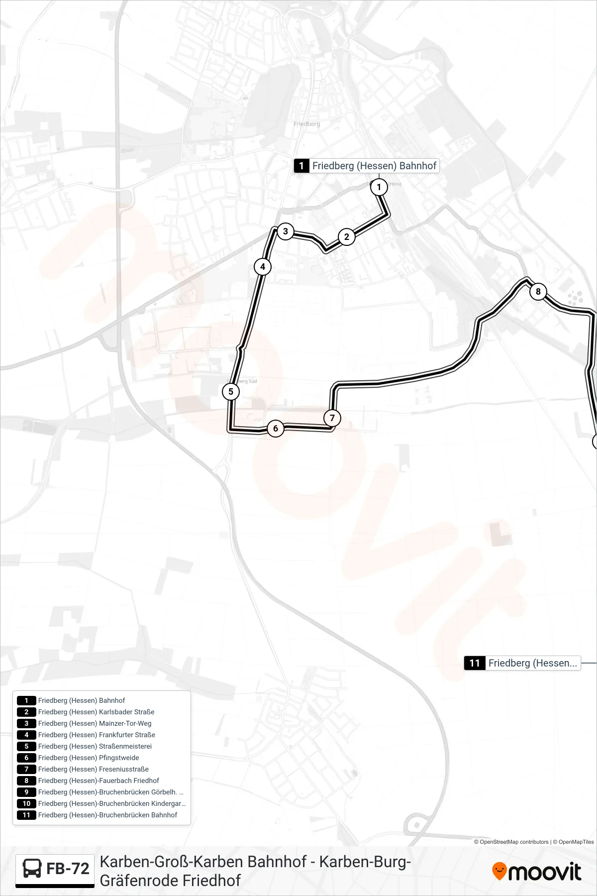 FB-72 bus Line (Friedberg (Hessen)-Bruchenbrücken Bahnhof) route and stops on a map