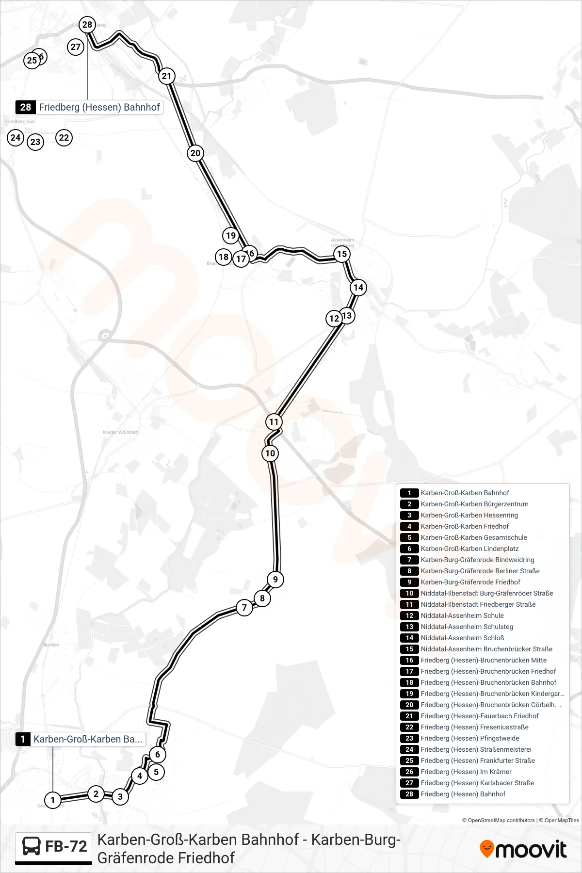 FB-72 bus Line (Friedberg (Hessen) Bahnhof) route and stops on a map
