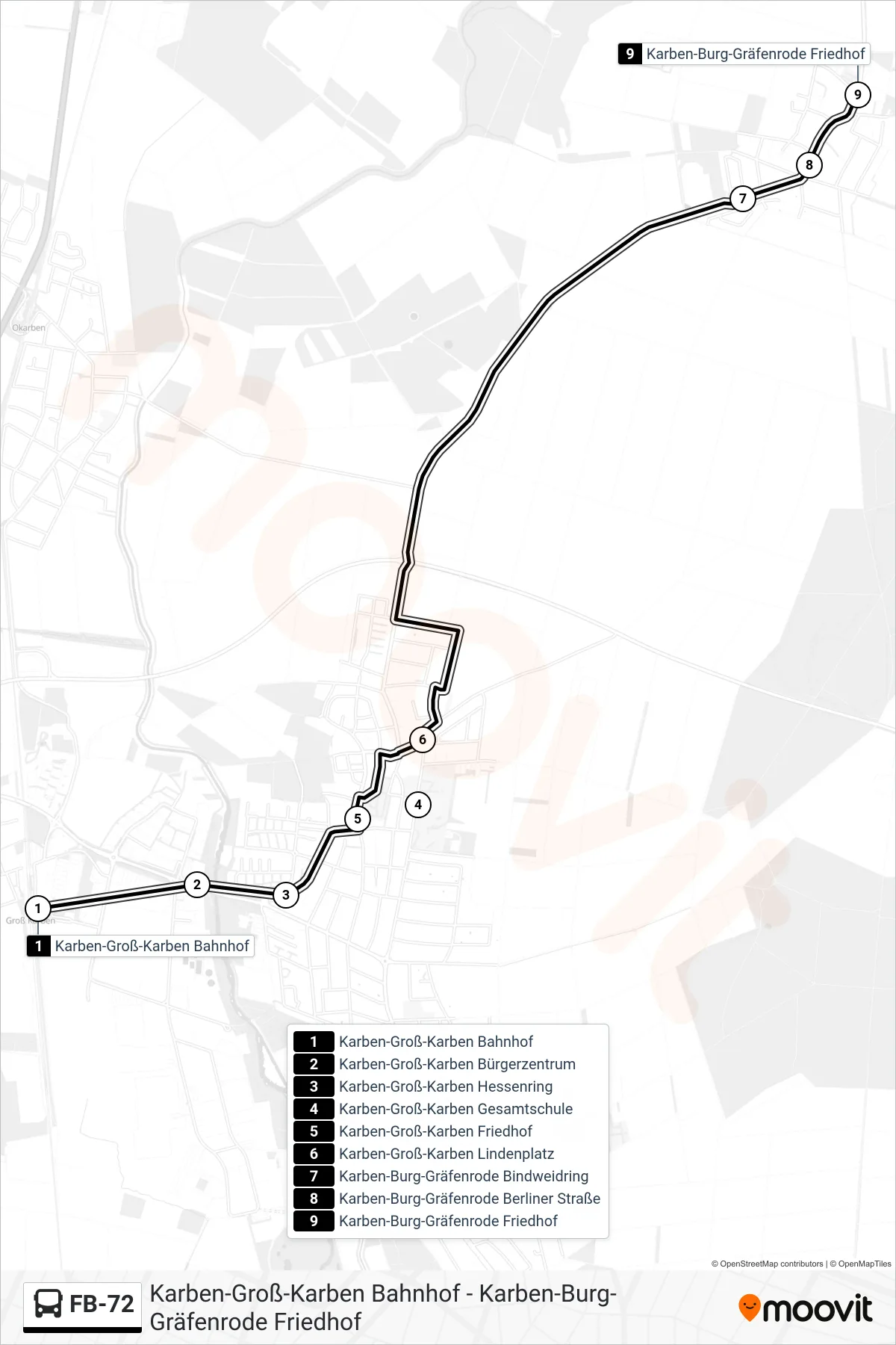 Linie FB-72 (Bus) Richtung Karben-Burg-Gräfenrode Friedhof: Route und Haltestellen auf der Karte