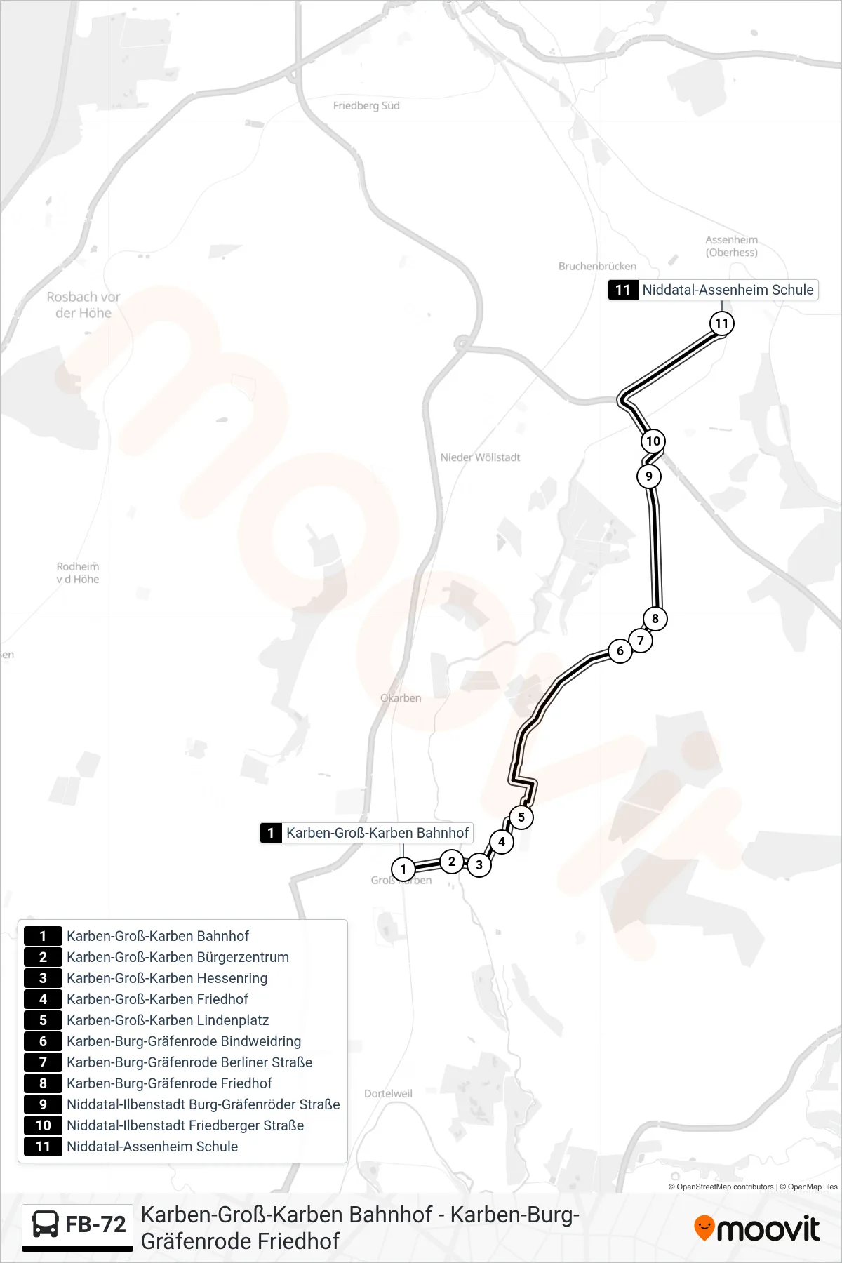 FB-72 bus Line (Niddatal-Assenheim Schule) route and stops on a map