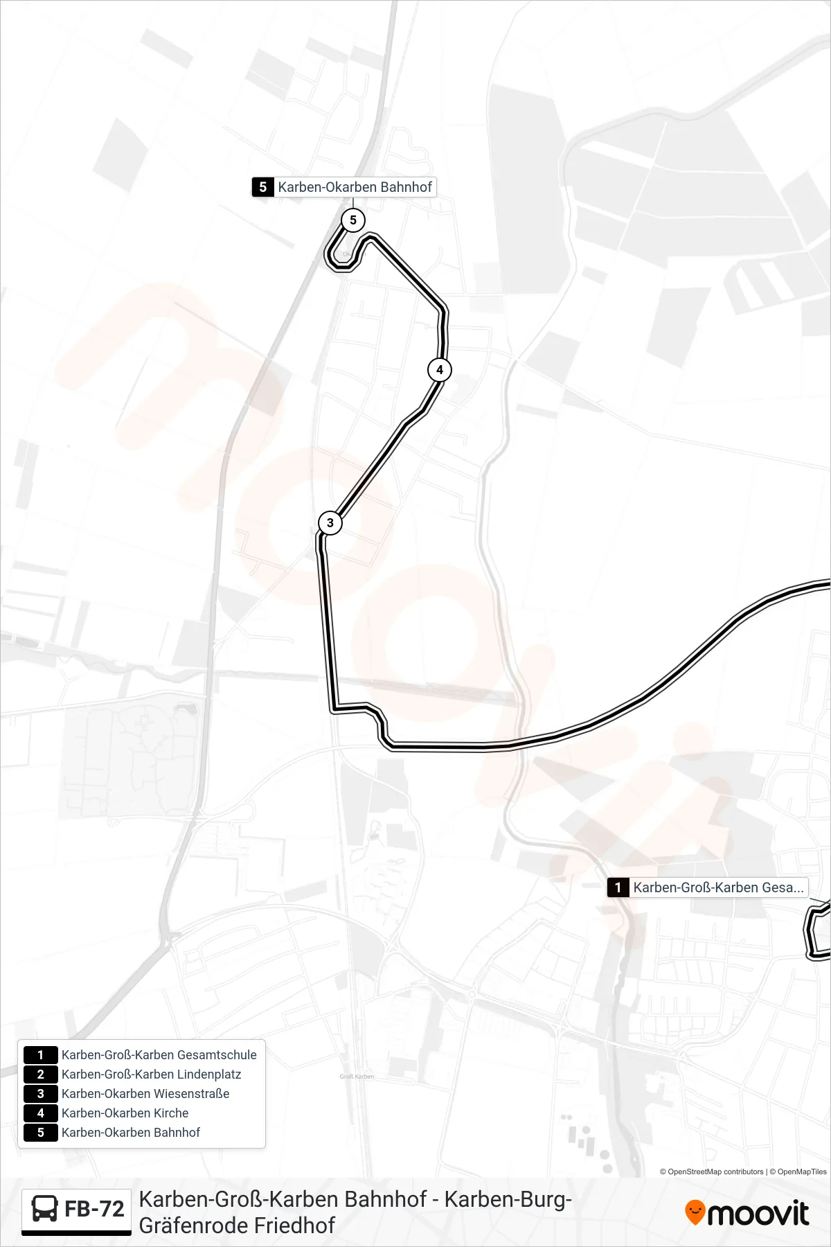 FB-72 bus Line (Karben-Okarben Bahnhof) route and stops on a map