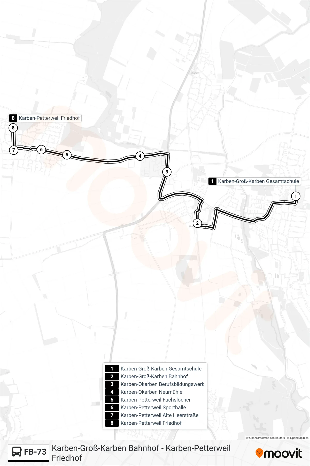 Linie FB-73 (Bus) Richtung Karben-Petterweil Friedhof: Route und Haltestellen auf der Karte
