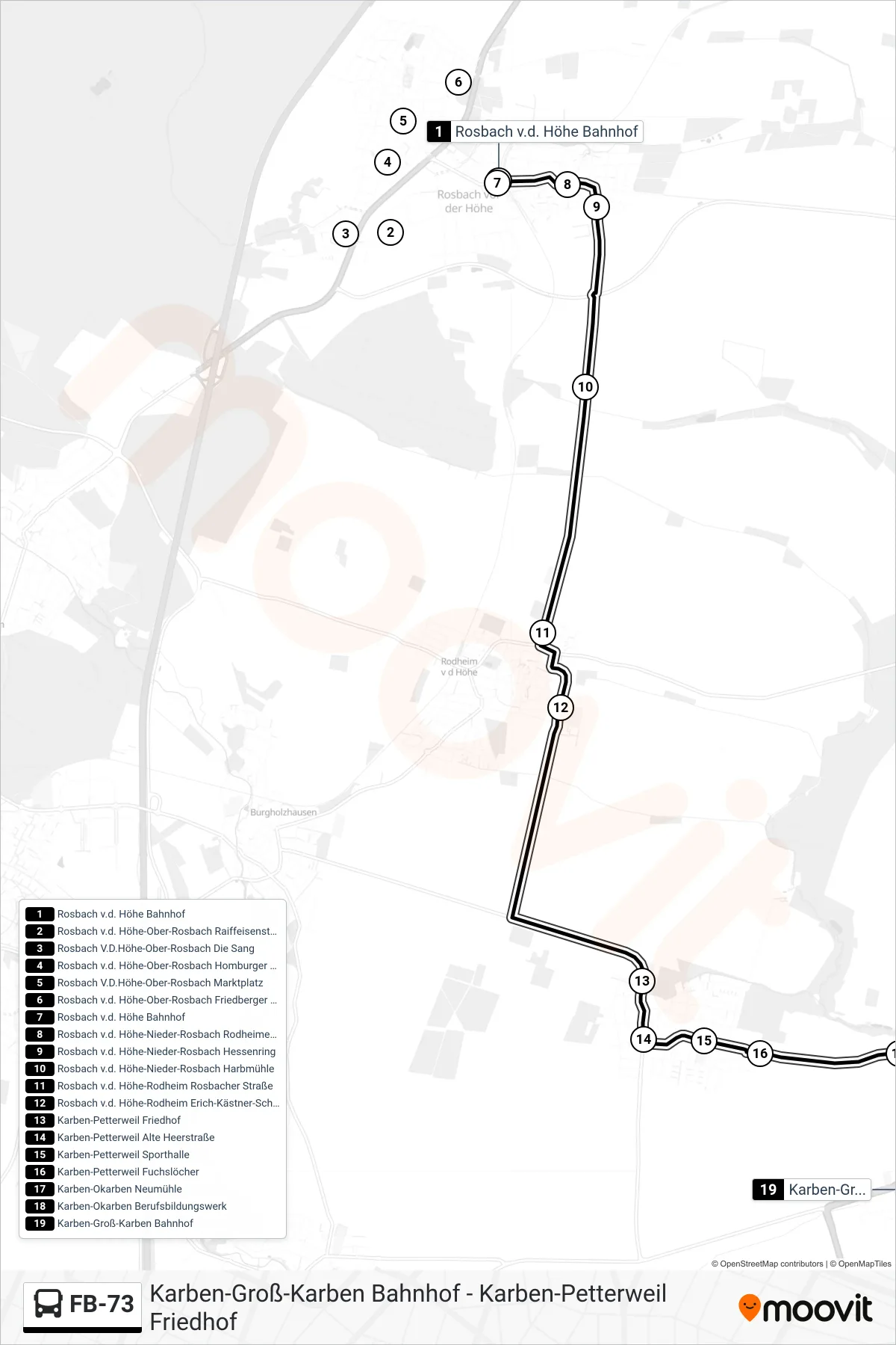 FB-73 bus Line (Karben-Groß-Karben Bahnhof) route and stops on a map