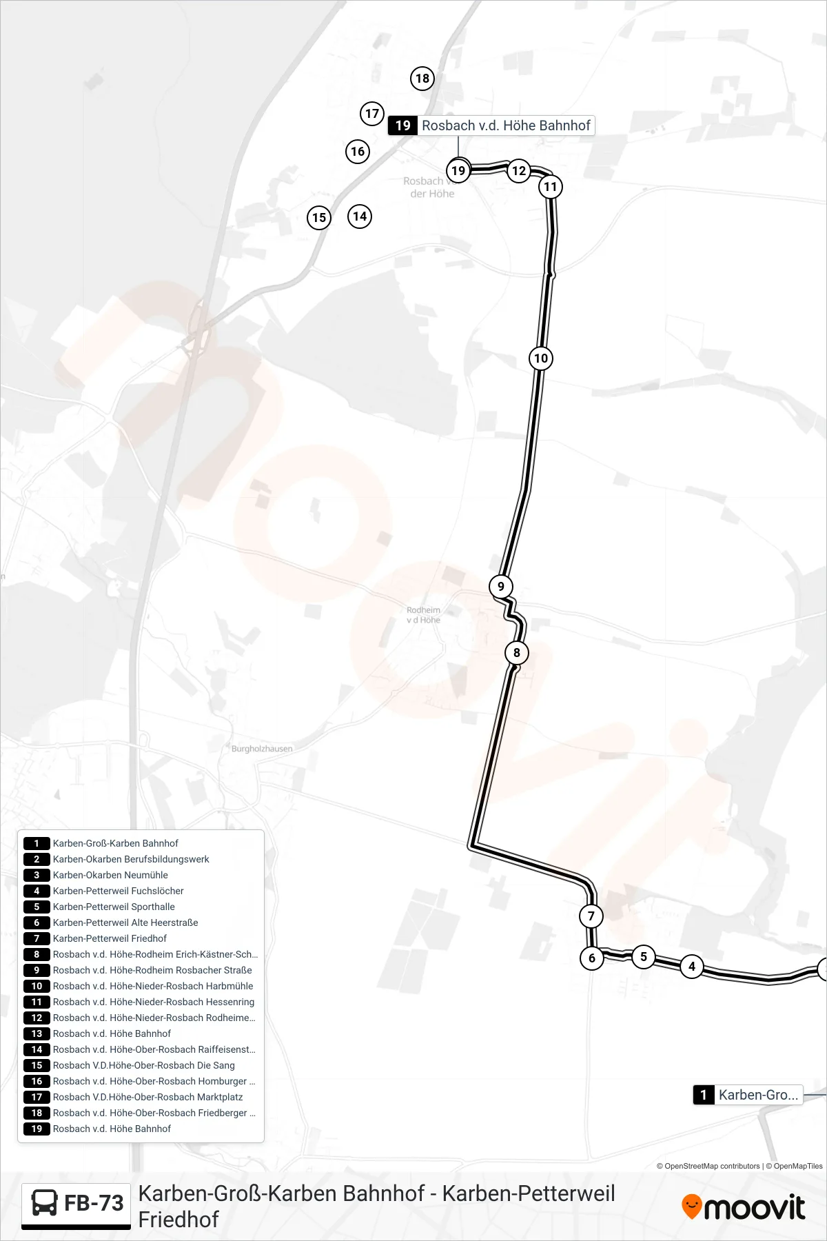 FB-73 bus Line (Rosbach v.d. Höhe Bahnhof) route and stops on a map