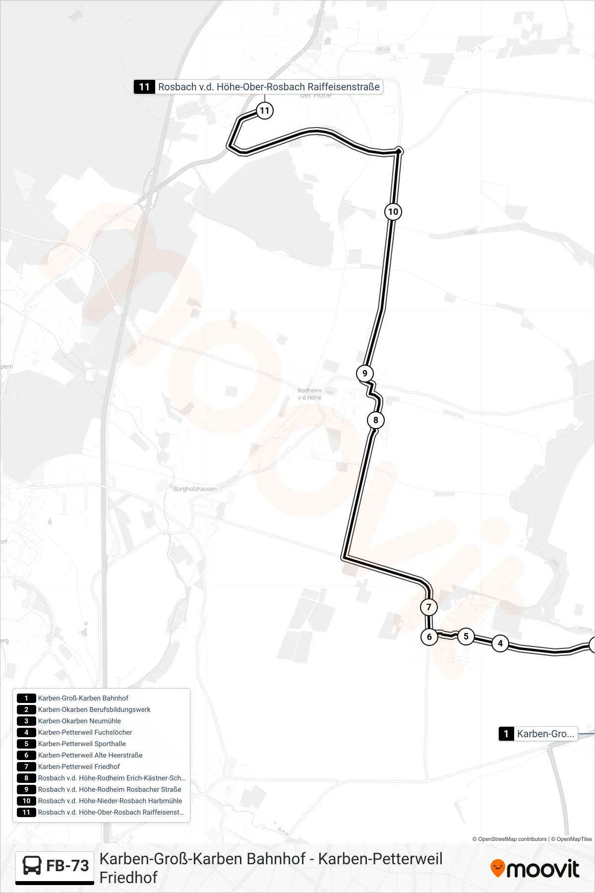 FB-73 bus Line (Rosbach v.d. Höhe-Ober-Rosbach Raiffeisenstraße) route and stops on a map