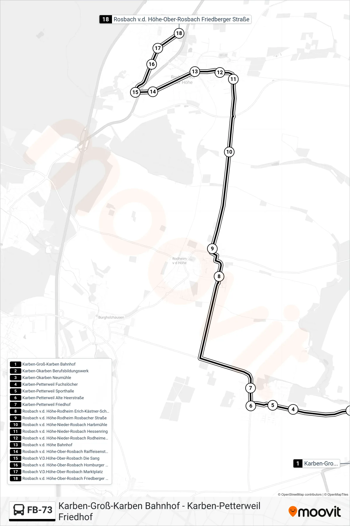 FB-73 bus Line (Rosbach v.d. Höhe-Ober-Rosbach Friedberger Straße) route and stops on a map