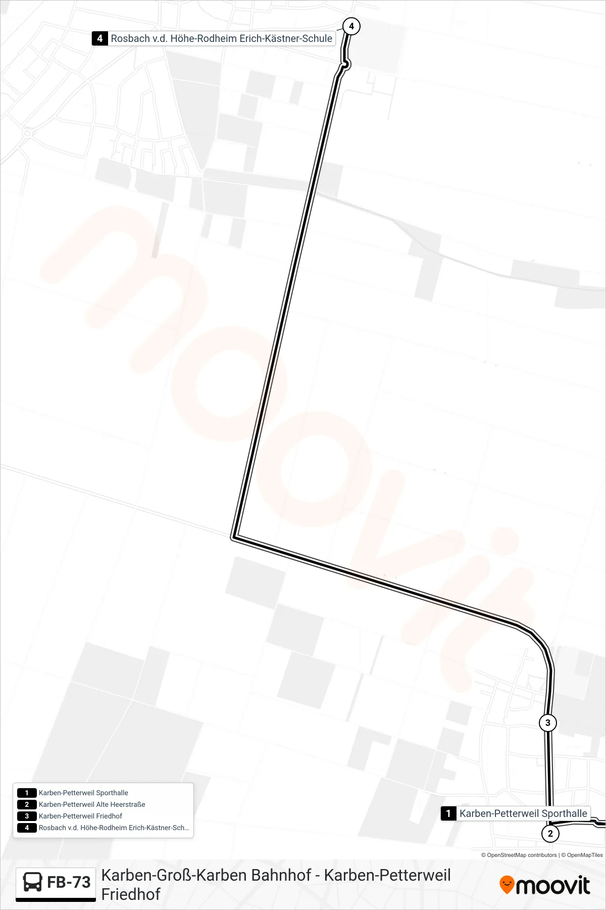 FB-73 bus Line (Rosbach v.d. Höhe-Rodheim Erich-Kästner-Schule) route and stops on a map