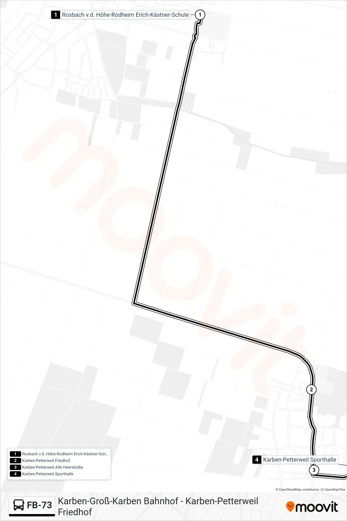 FB-73 bus Line (Karben-Petterweil Sporthalle) route and stops on a map
