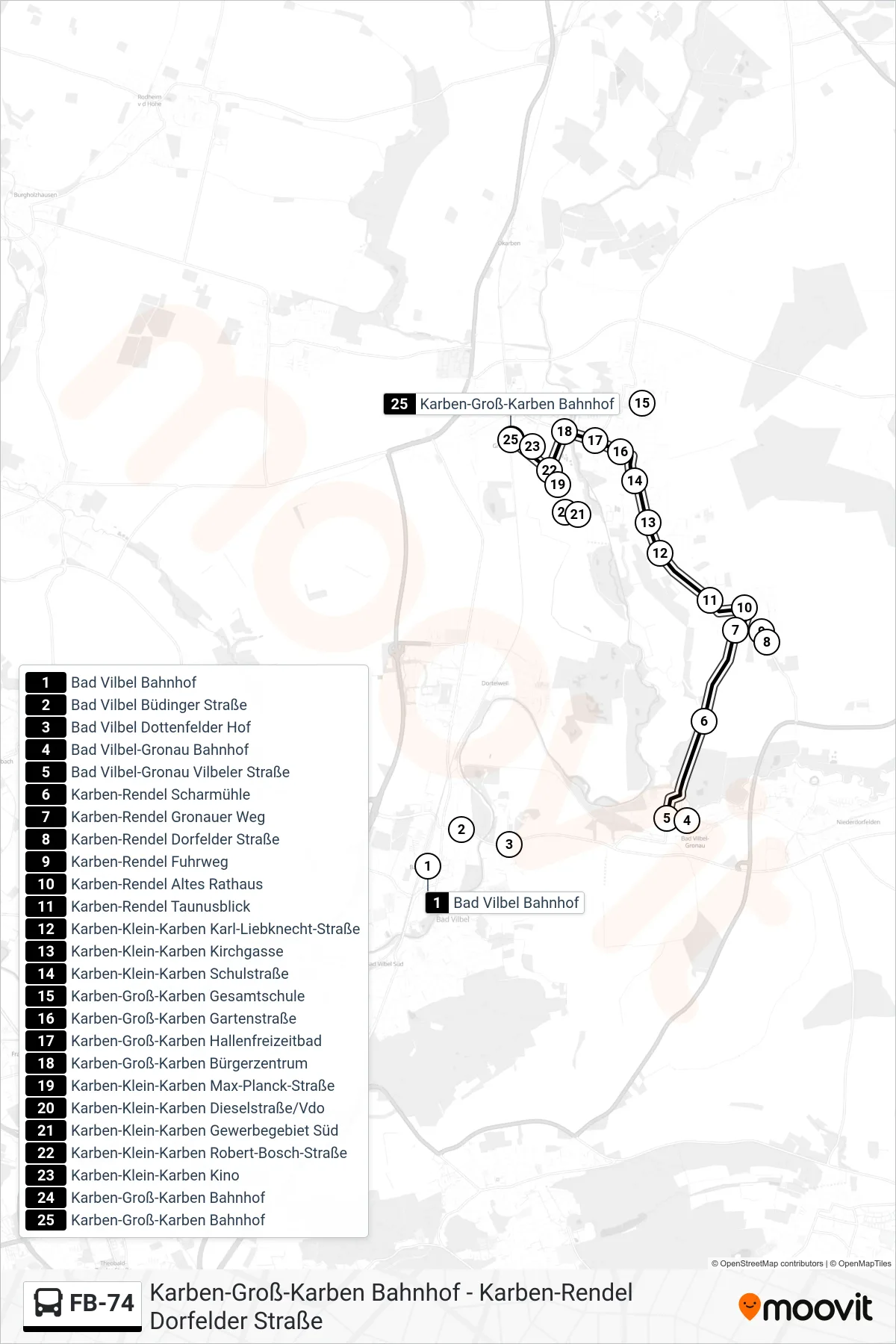 FB-74 bus Line (Karben-Groß-Karben Bahnhof) route and stops on a map