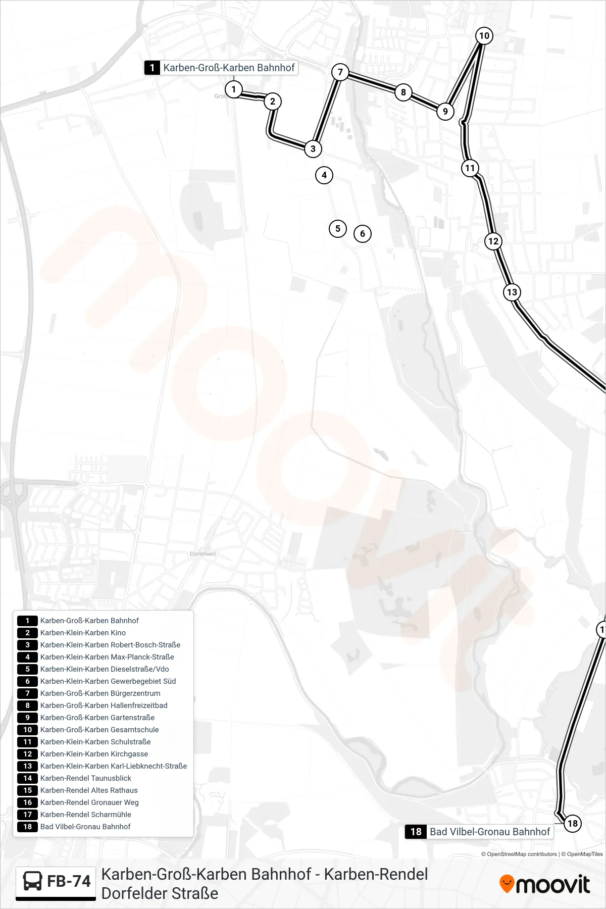 FB-74 bus Line (Bad Vilbel-Gronau Bahnhof) route and stops on a map