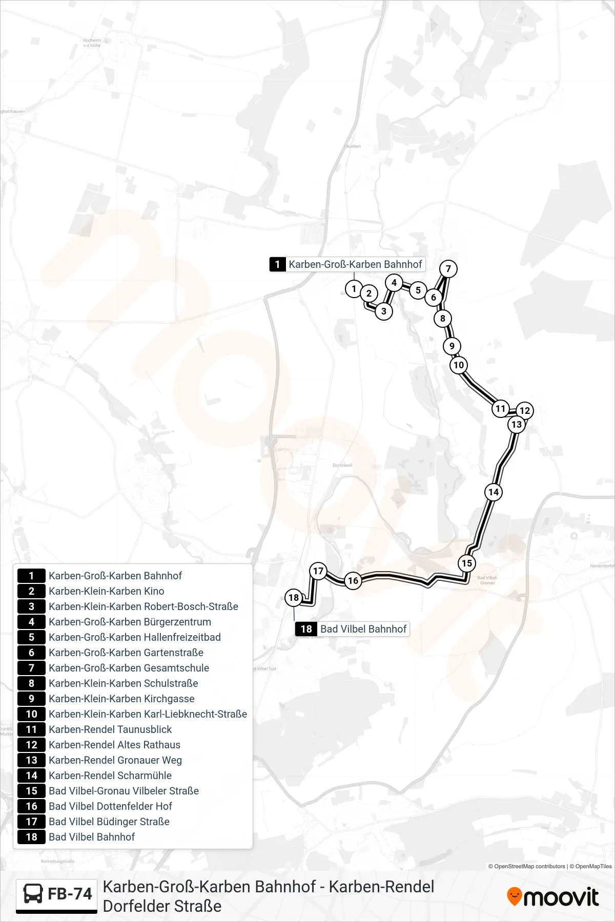 FB-74 bus Line (Bad Vilbel Bahnhof) route and stops on a map