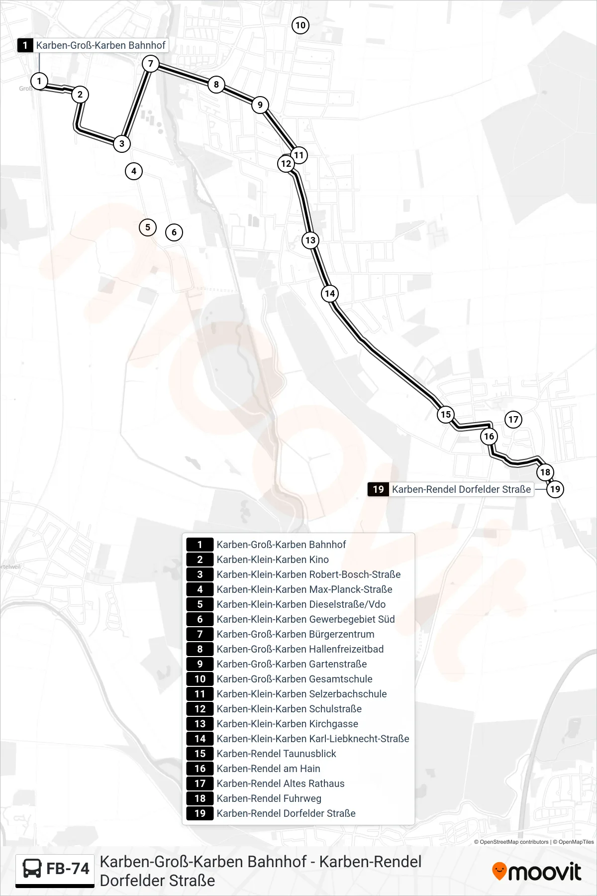 FB-74 bus Line (Karben-Rendel Dorfelder Straße) route and stops on a map