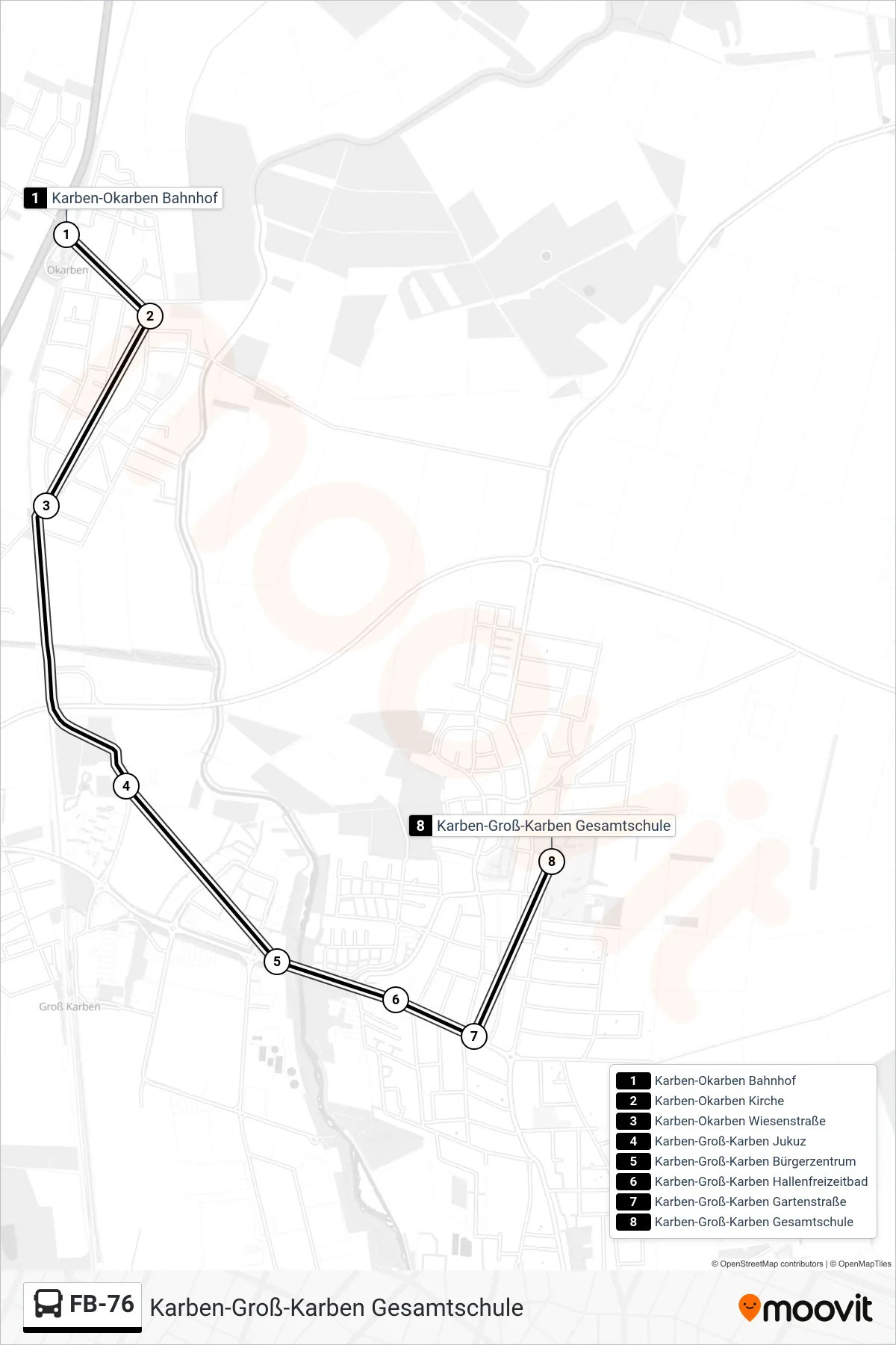 FB-76 bus Line (Karben-Groß-Karben Gesamtschule) route and stops on a map