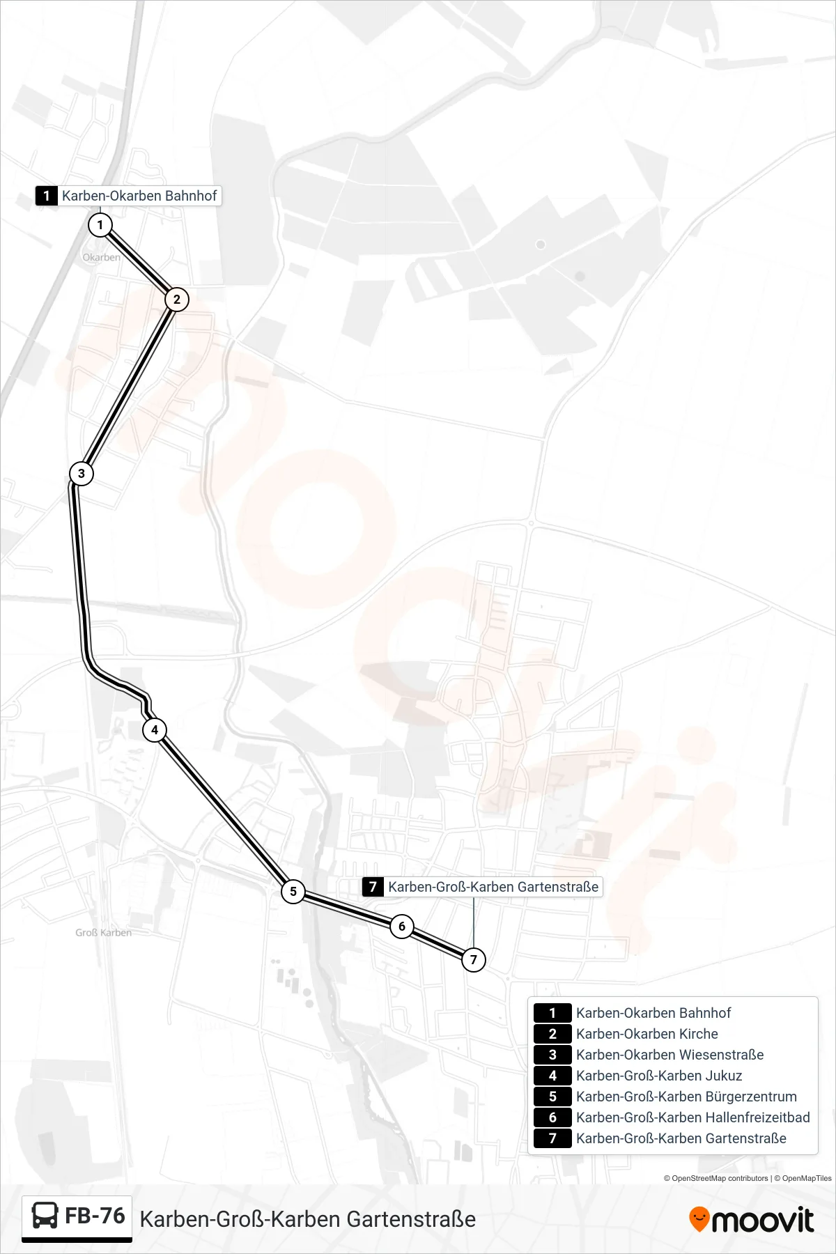 FB-76 bus Line (Karben-Groß-Karben Gartenstraße) route and stops on a map