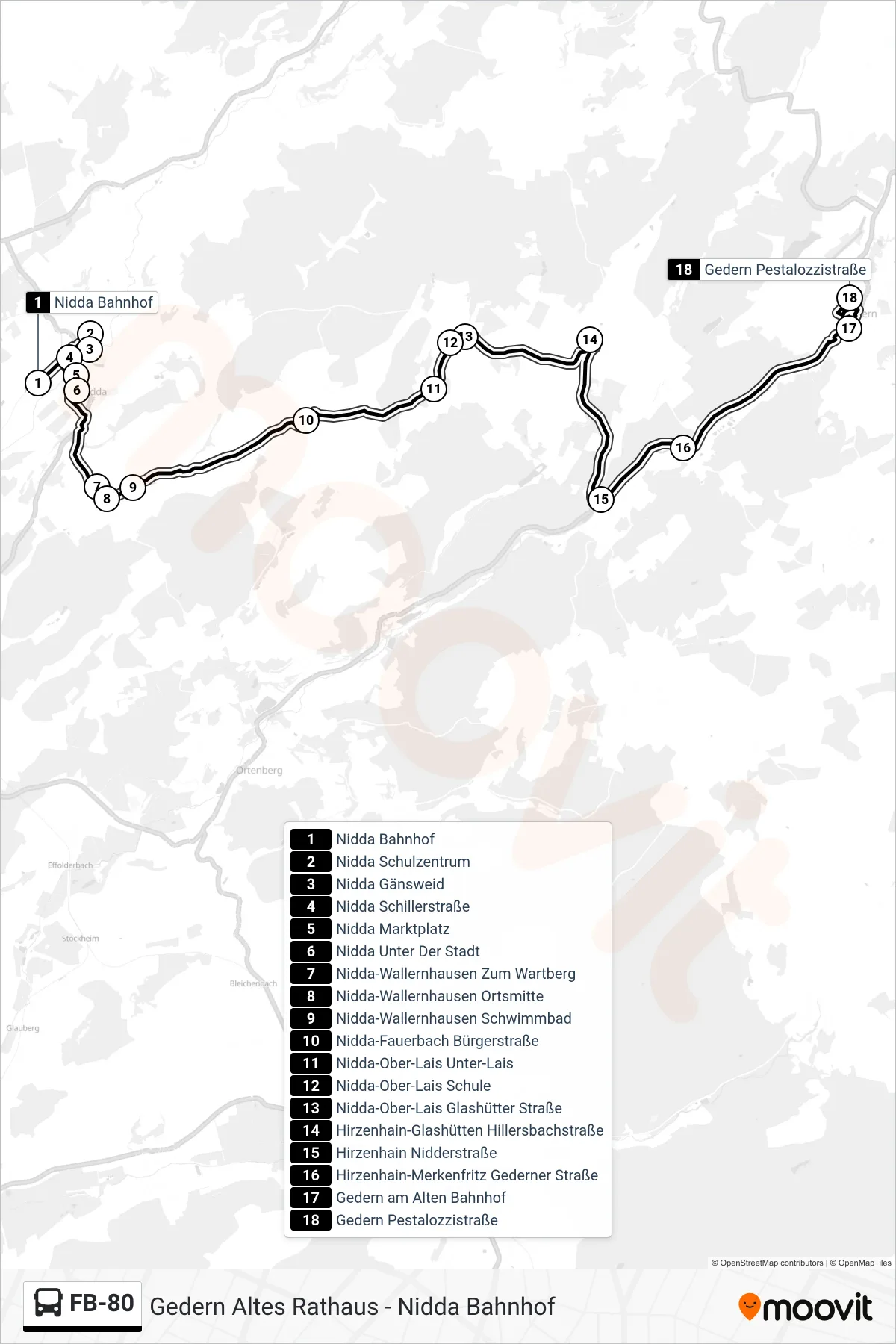 FB-80 bus Line (Gedern Pestalozzistraße) route and stops on a map